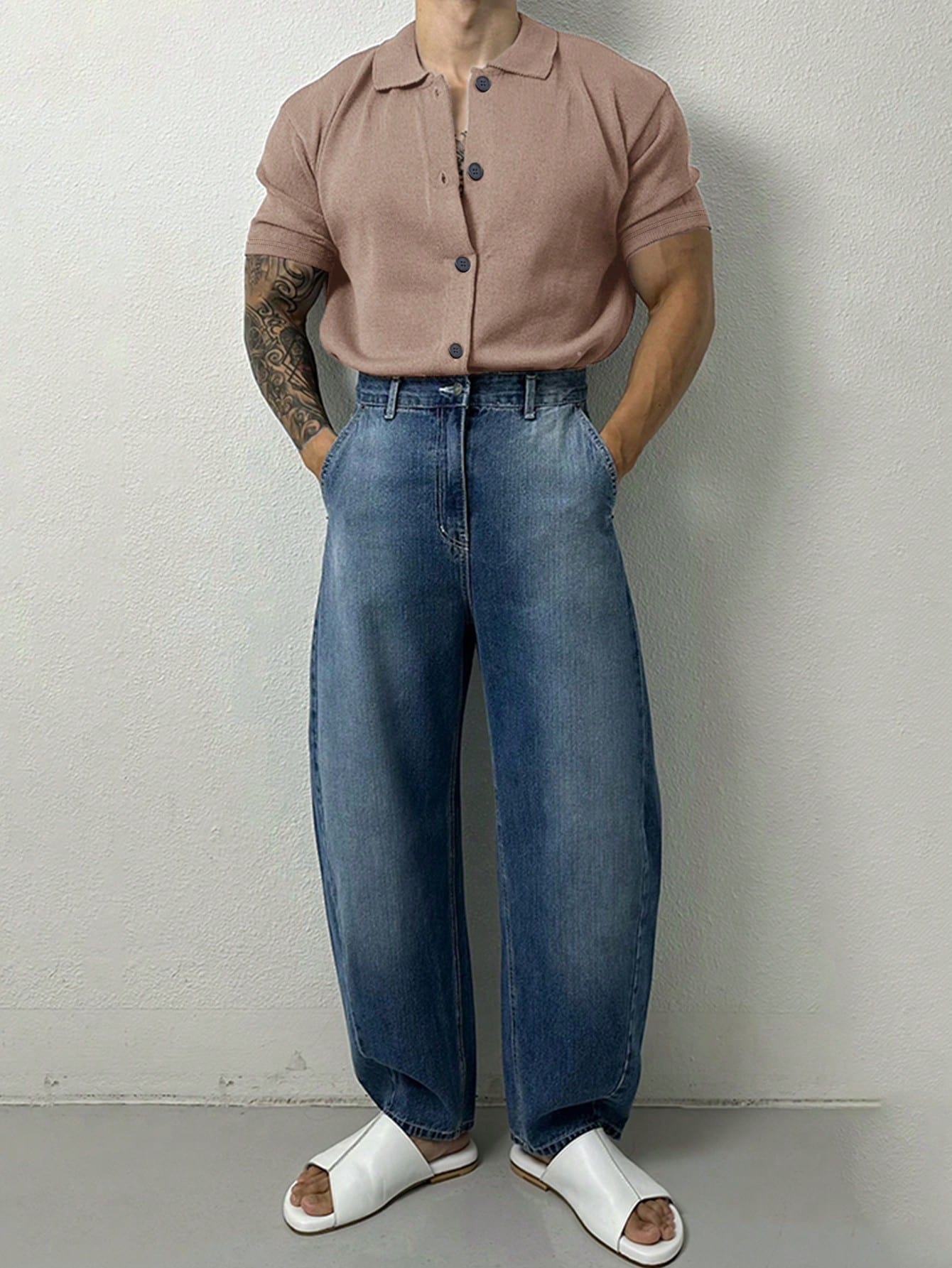 Camisa Masculina De Botão Tecido Malha Caimento Despojado Camisa Masculina De Botão Tecido Malha Caimento Despojado