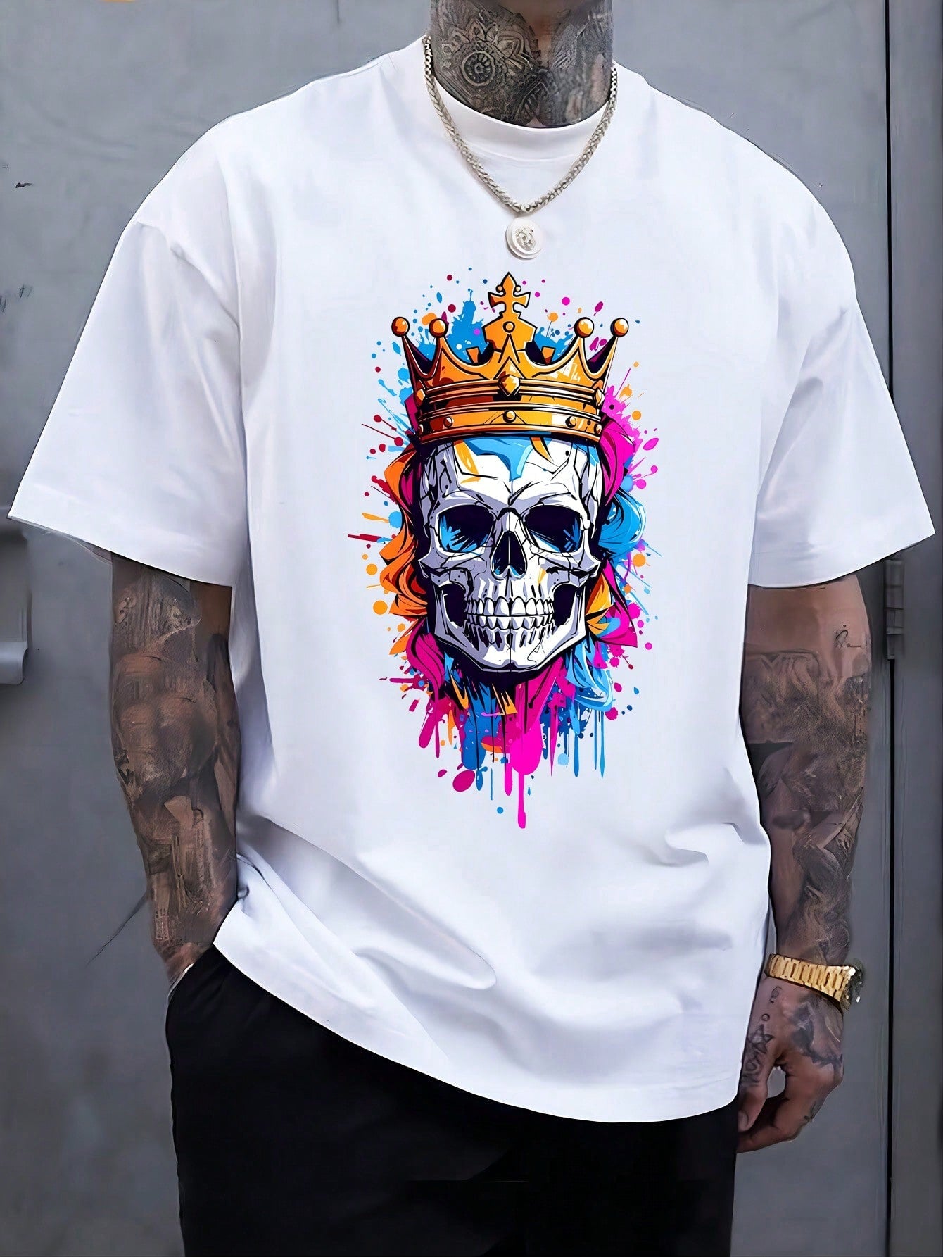 Camiseta Masculina Oversized Estampa Caveira Colorida Coroa Branco / PP Camiseta Masculina Oversized Estampa Caveira