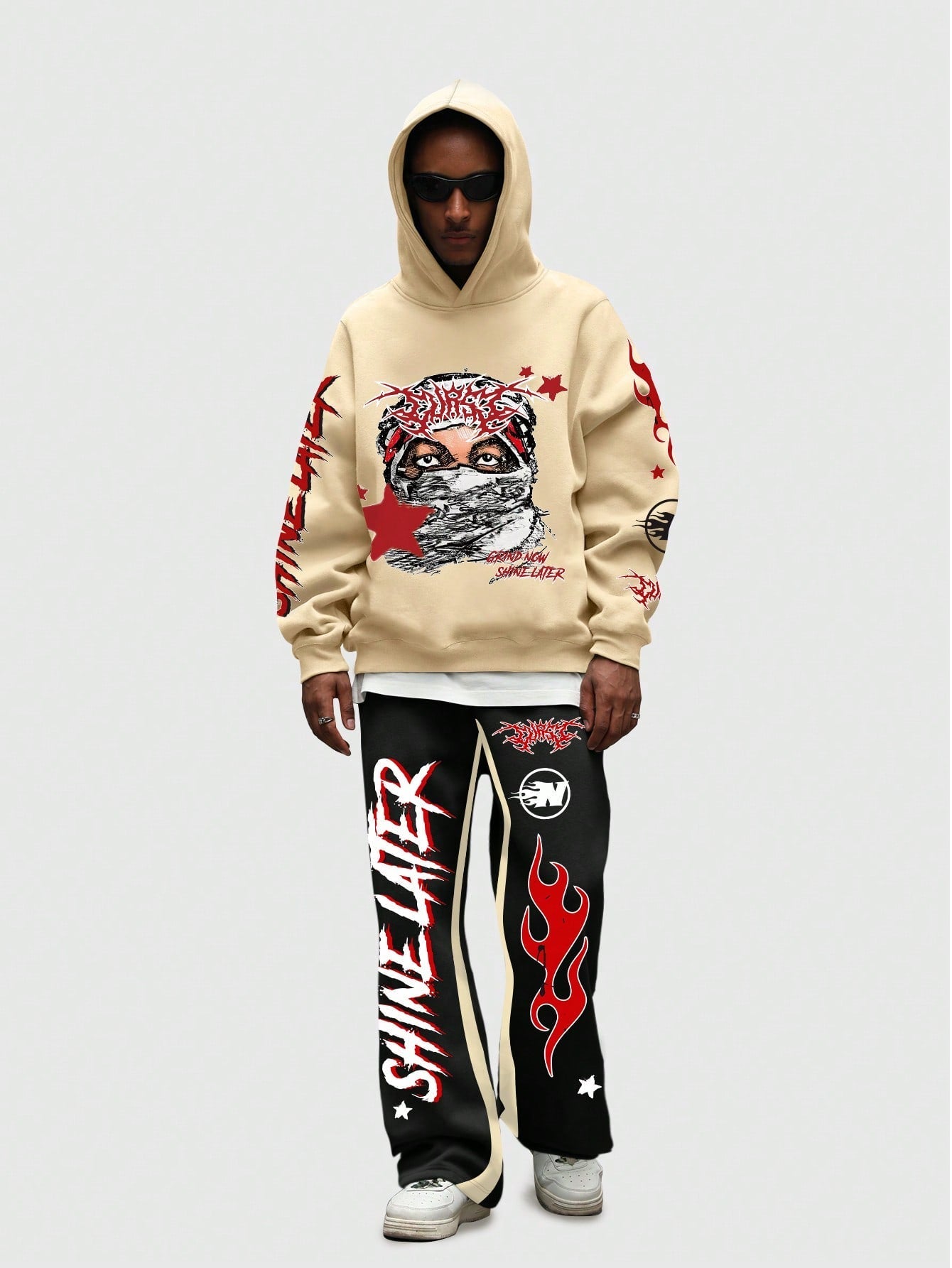 Conjunto Masculino Moletom Streetwear Estampa Shine Later Bege / PP Conjunto Masculino Moletom Streetwear Estampa Shine