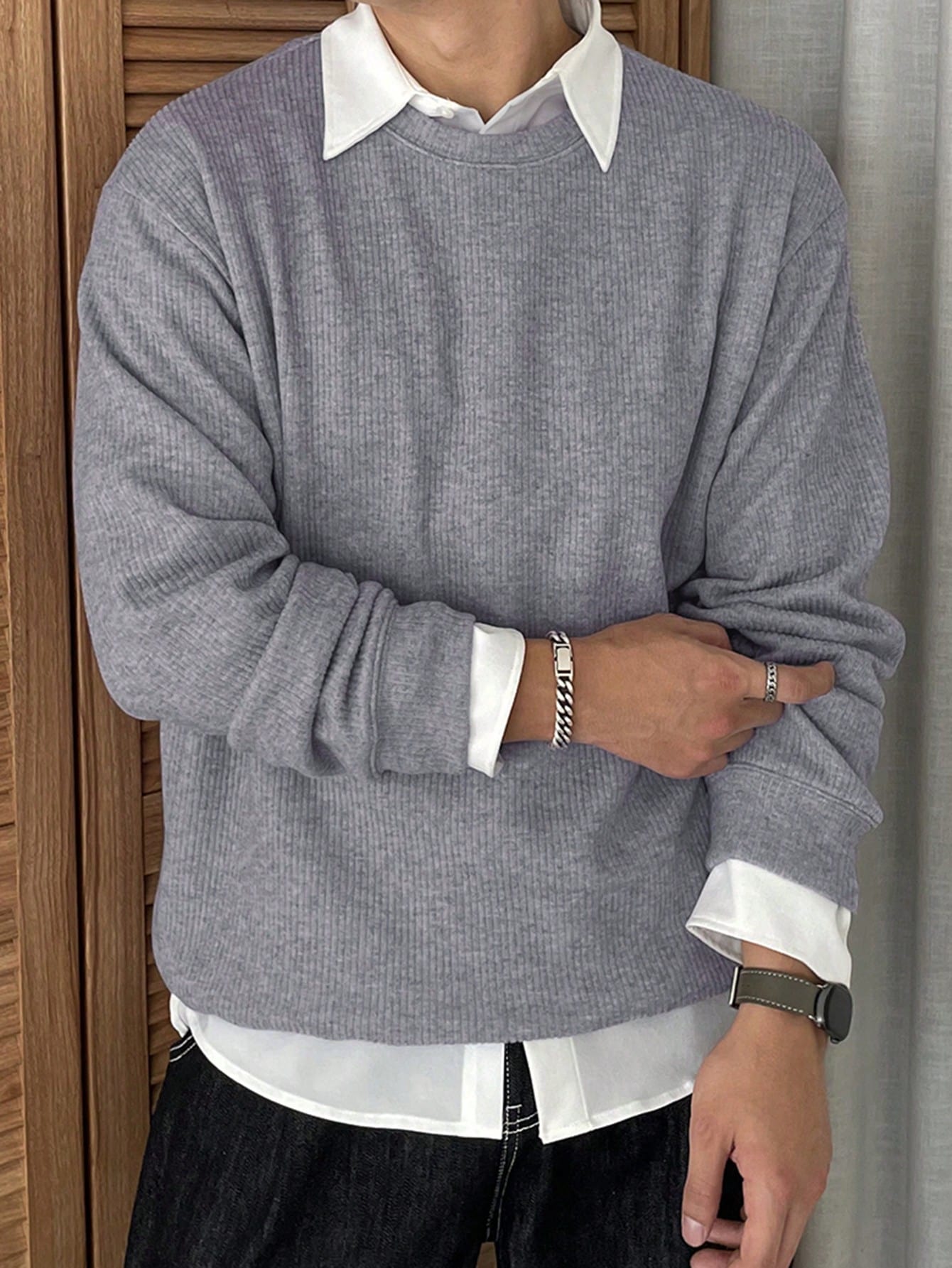 Suéter Masculino Gola Canelada Textura Casual Cinza / PP Suéter Masculino Gola Canelada Textura Casual