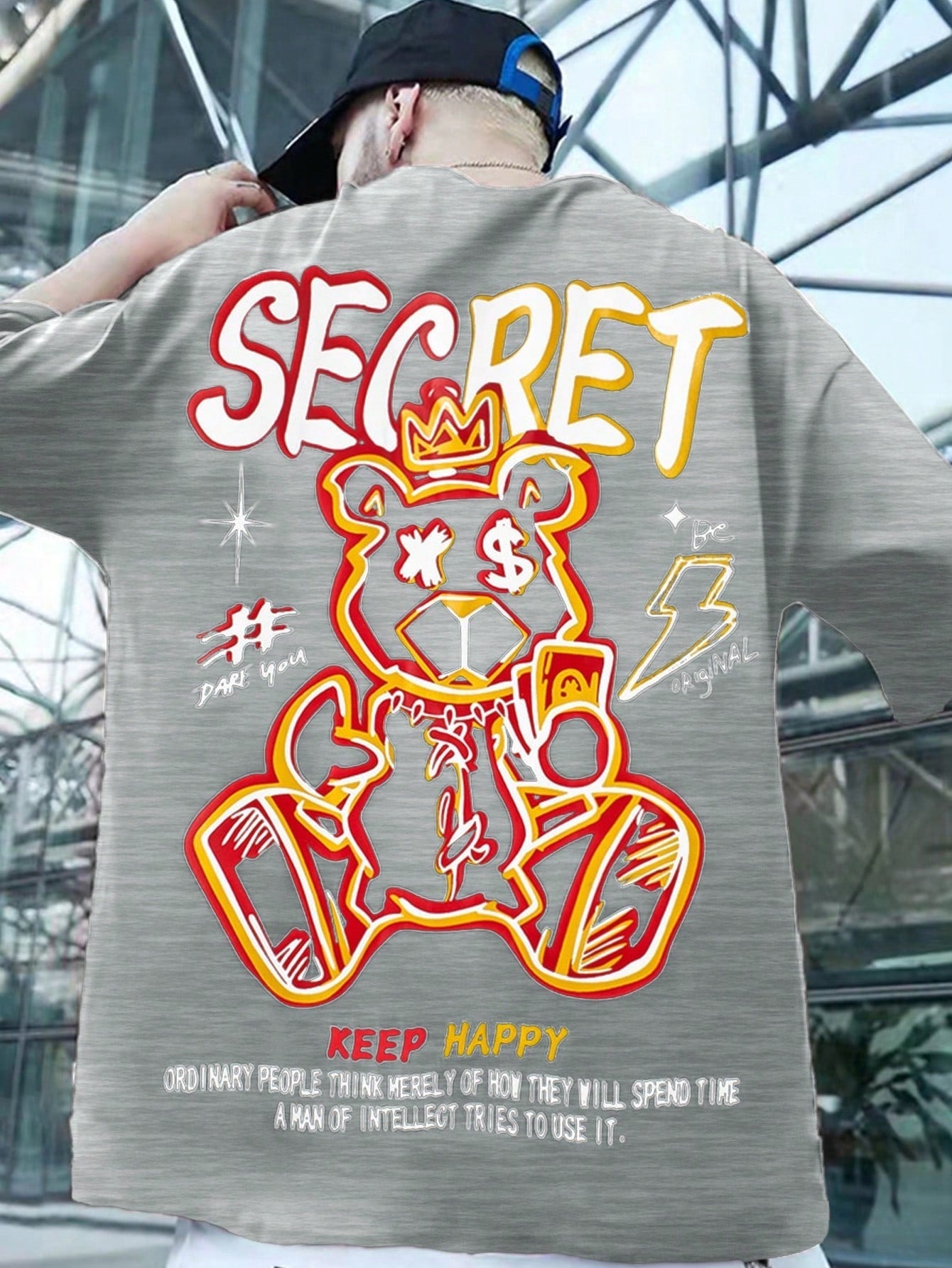 Camiseta Masculina Estampa Cartoon Slogan Moderno Cinza / PP Camiseta Masculina Estampa Cartoon Slogan Moderno