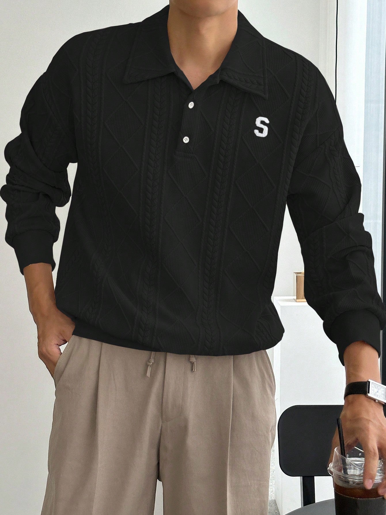 Moletom Masculino Texturizado Com Gola Polo Moletom Masculino Texturizado Com Gola Polo