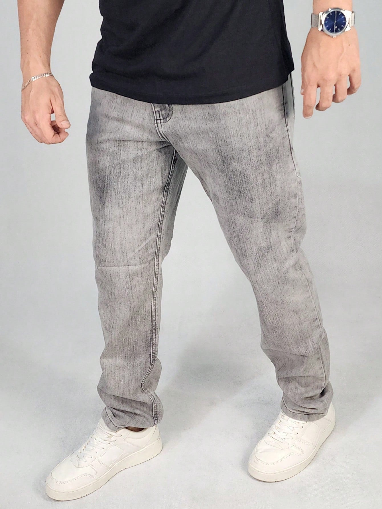 Calça Masculina Jeans Slim Fit Cintura Tradicional E Bolsos Funcionais Cinza Claro / PP Calça Masculina Jeans Slim Fit