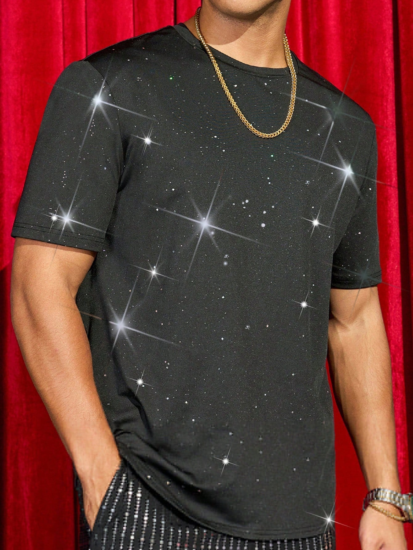 Camiseta Masculina Slim Estampa De Estrelas Brilho Preto / PP Camiseta Masculina Slim Estampa De Estrelas Brilho