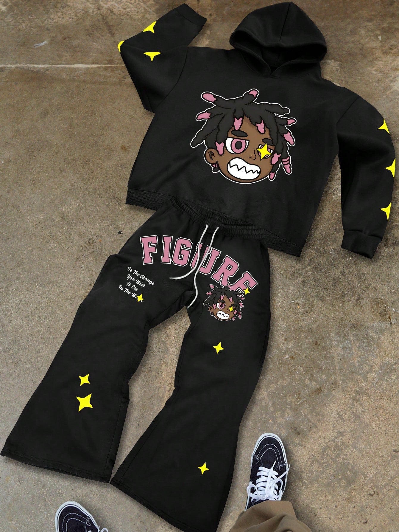 Conjunto Masculino Moletom Cartoon Figure Com Estampa Urbana Preto / PP Conjunto Masculino Moletom Cartoon Figure Com