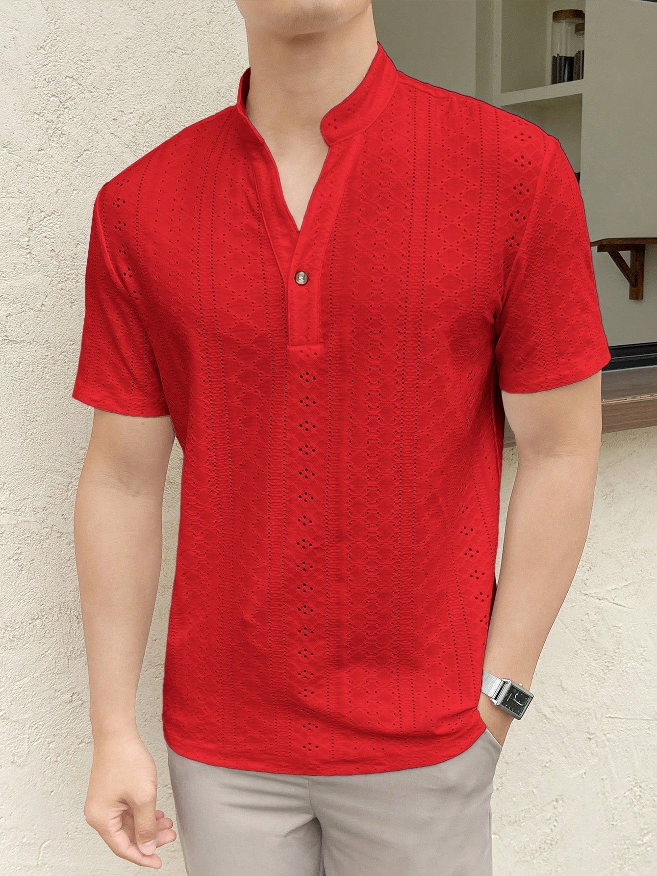 Camiseta Masculina Gola Padre Textura Rendada Vermelho / PP Camiseta Masculina Gola Padre Textura Rendada