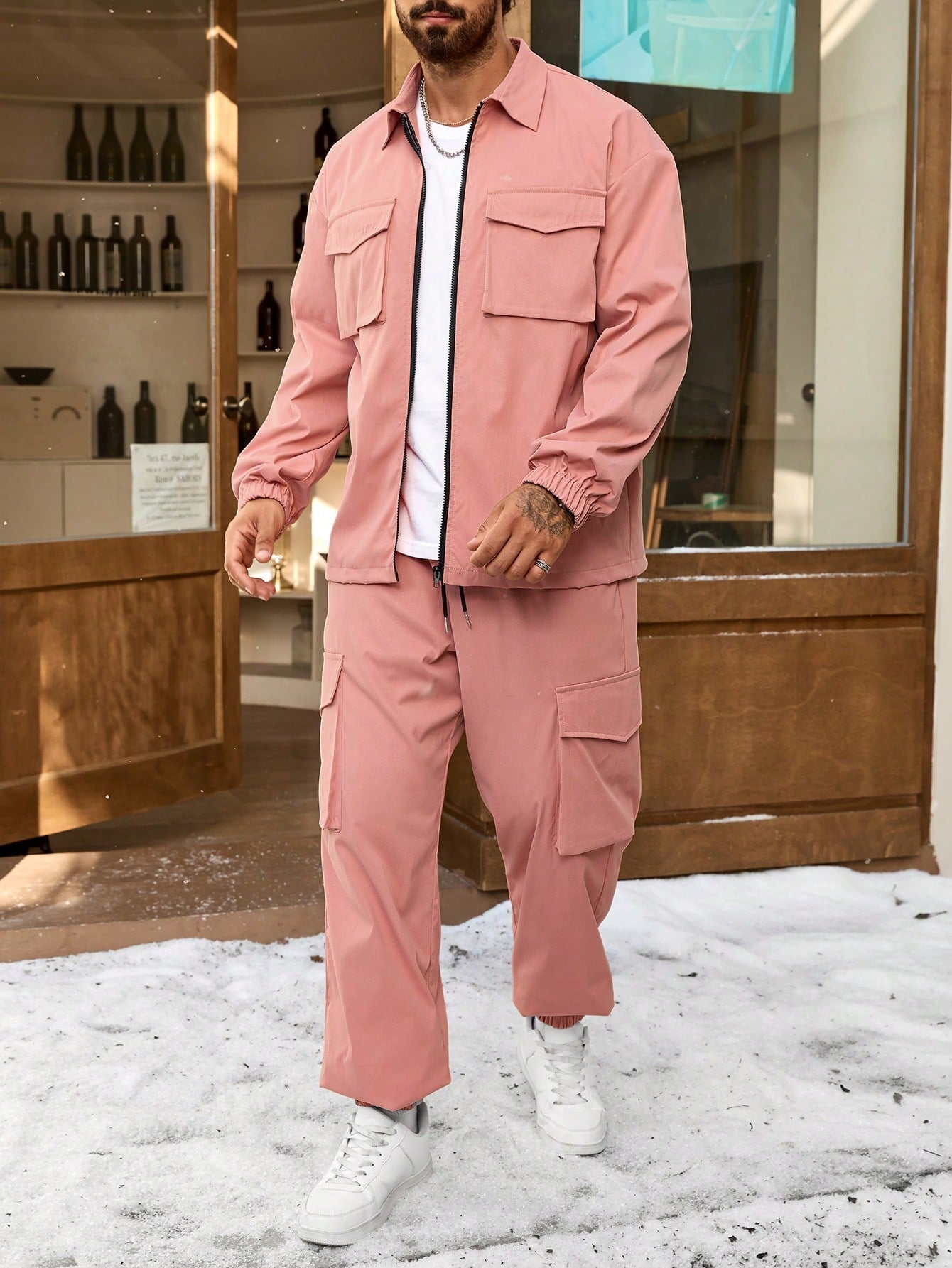 Conjunto Masculino Jaqueta Utilitária E Calça Cargo Moderna Rosa / PP Conjunto Masculino Jaqueta Utilitária E Calça