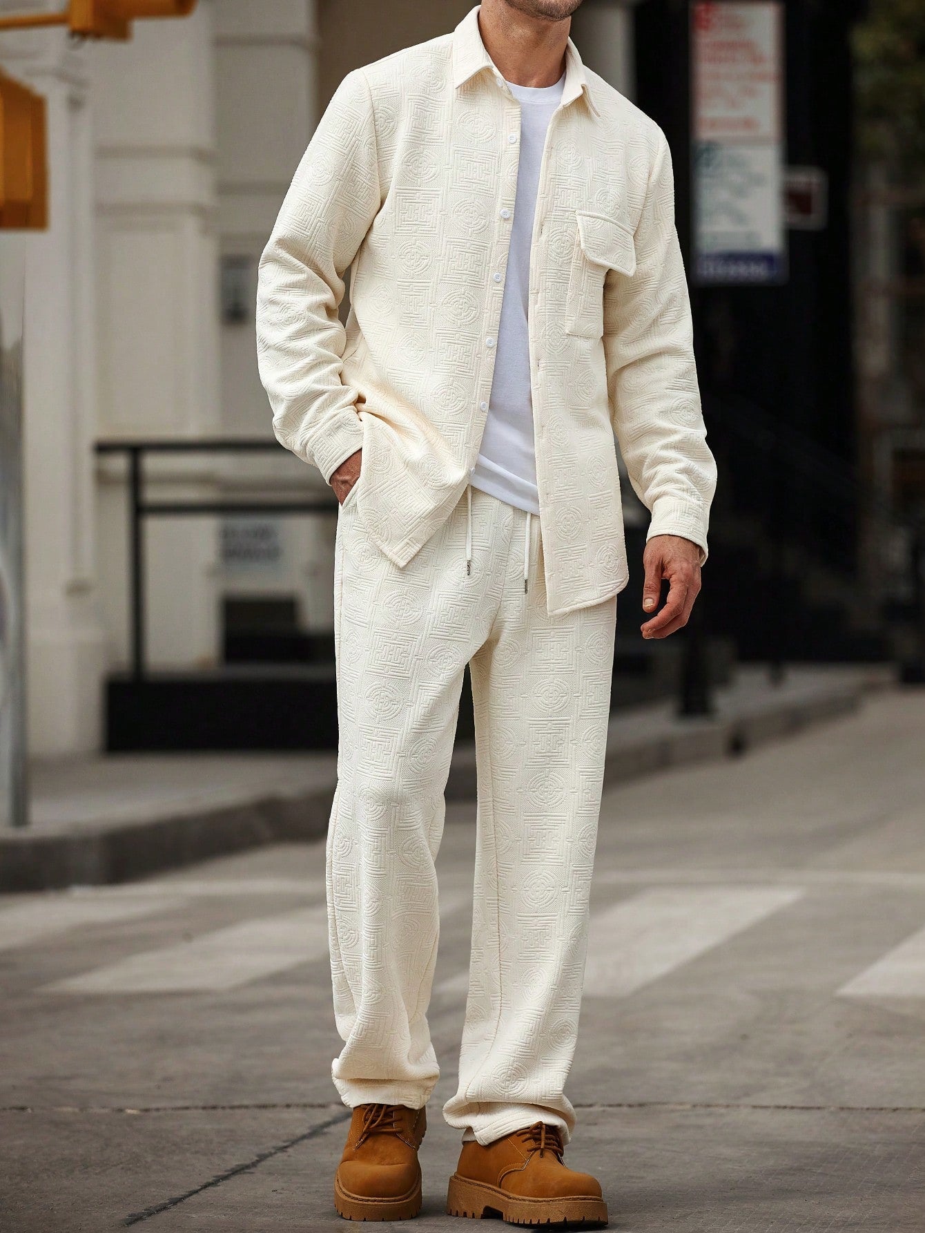 Conjunto Masculino Blusa Manga Longa E Calça Casual Minimalista Bege / PP Conjunto Masculino Blusa Manga Longa E Calça