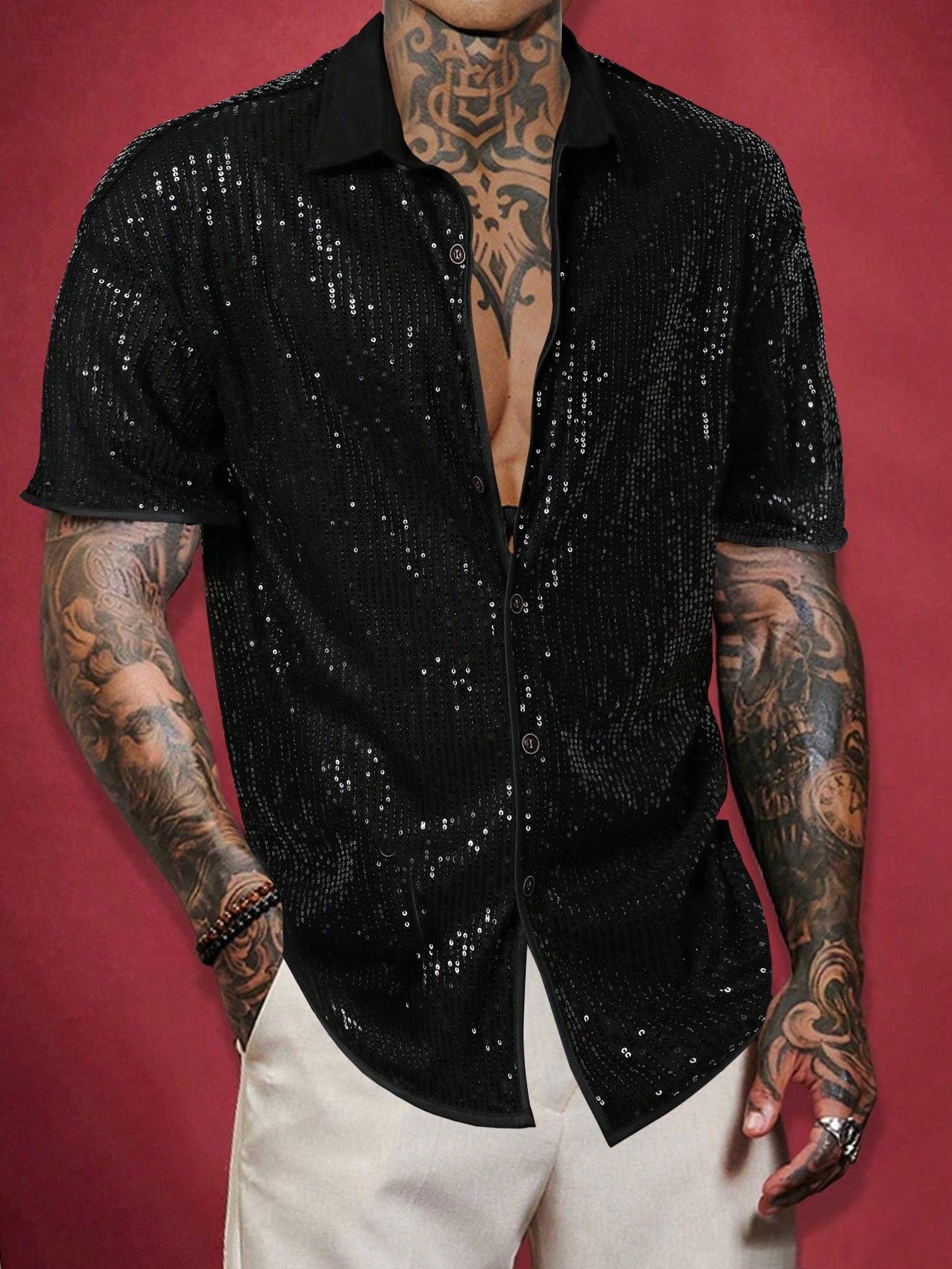 Camisa Masculina De Botão Brilho Intenso Visual Festivo Preto / PP Camisa Masculina De Botão Brilho Intenso Visual