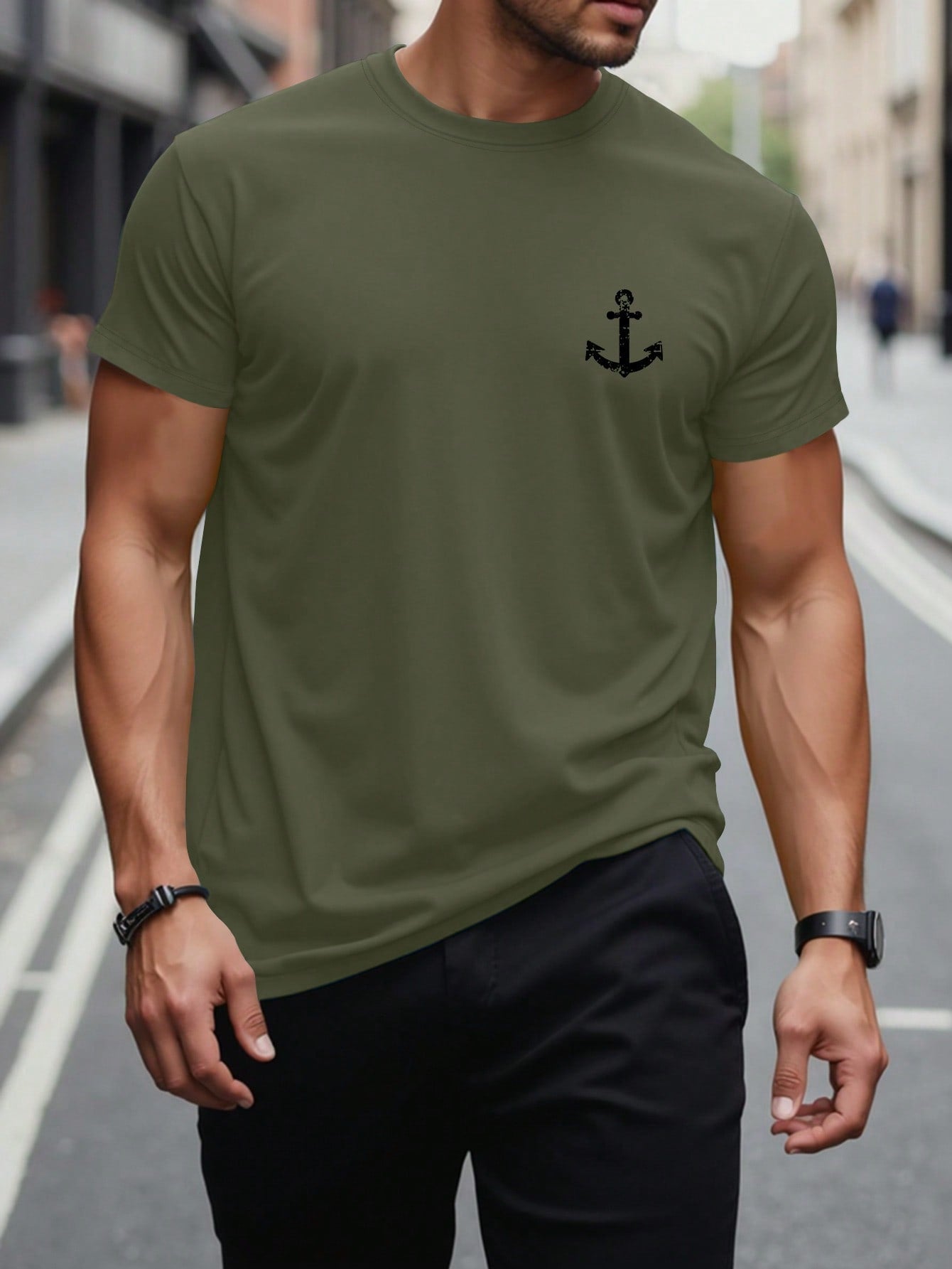 Camisa Masculina Minimalista Estampa De Âncora Verde Militar / PP Camisa Masculina Minimalista Estampa De Âncora