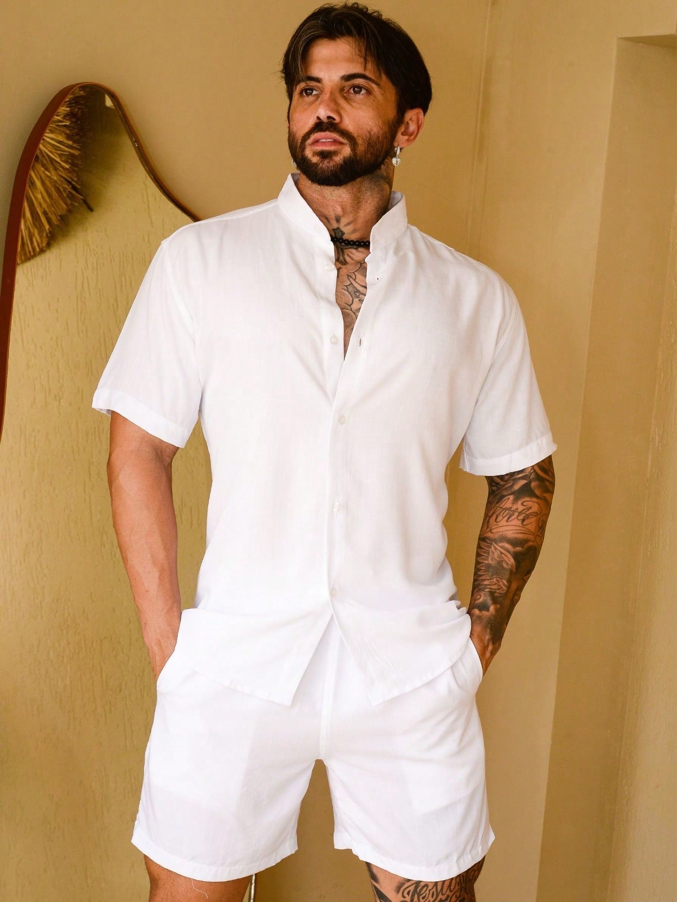 Conjunto Masculino Camisa Gola Padre E Shorts Estilo Casual Branco / PP Conjunto Masculino Camisa Gola Padre E Shorts