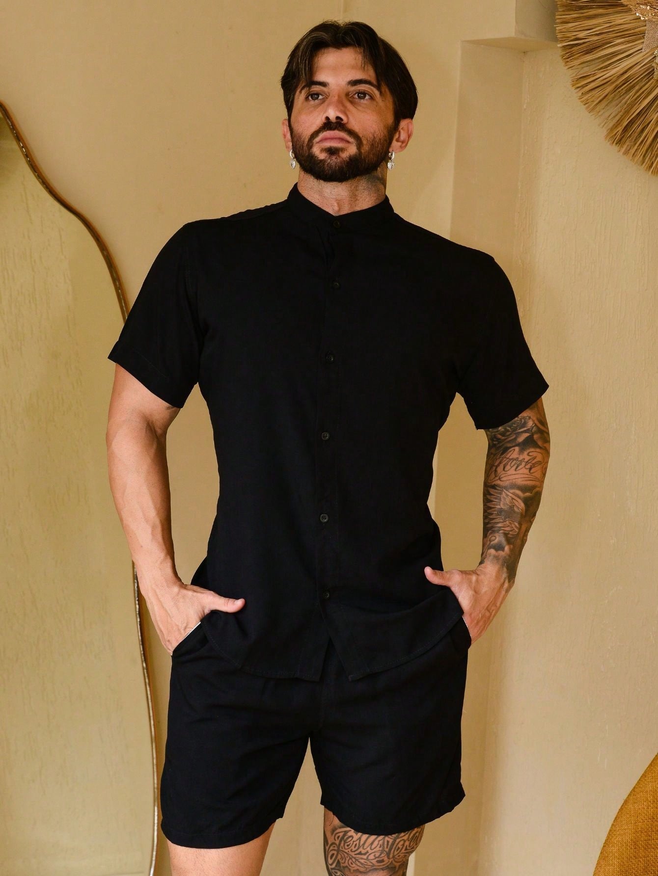 Conjunto Masculino Camisa Gola Padre E Shorts Estilo Casual Preto / PP Conjunto Masculino Camisa Gola Padre E Shorts