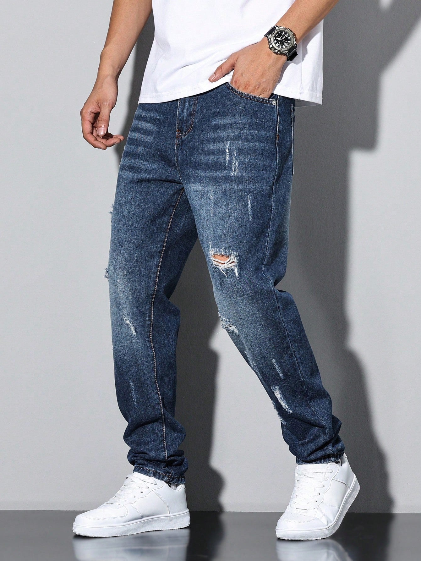 Calça Masculina Jeans Com Rasgos Discretos E Design Casual Despojado Azul / PP Calça Masculina Jeans Com Rasgos