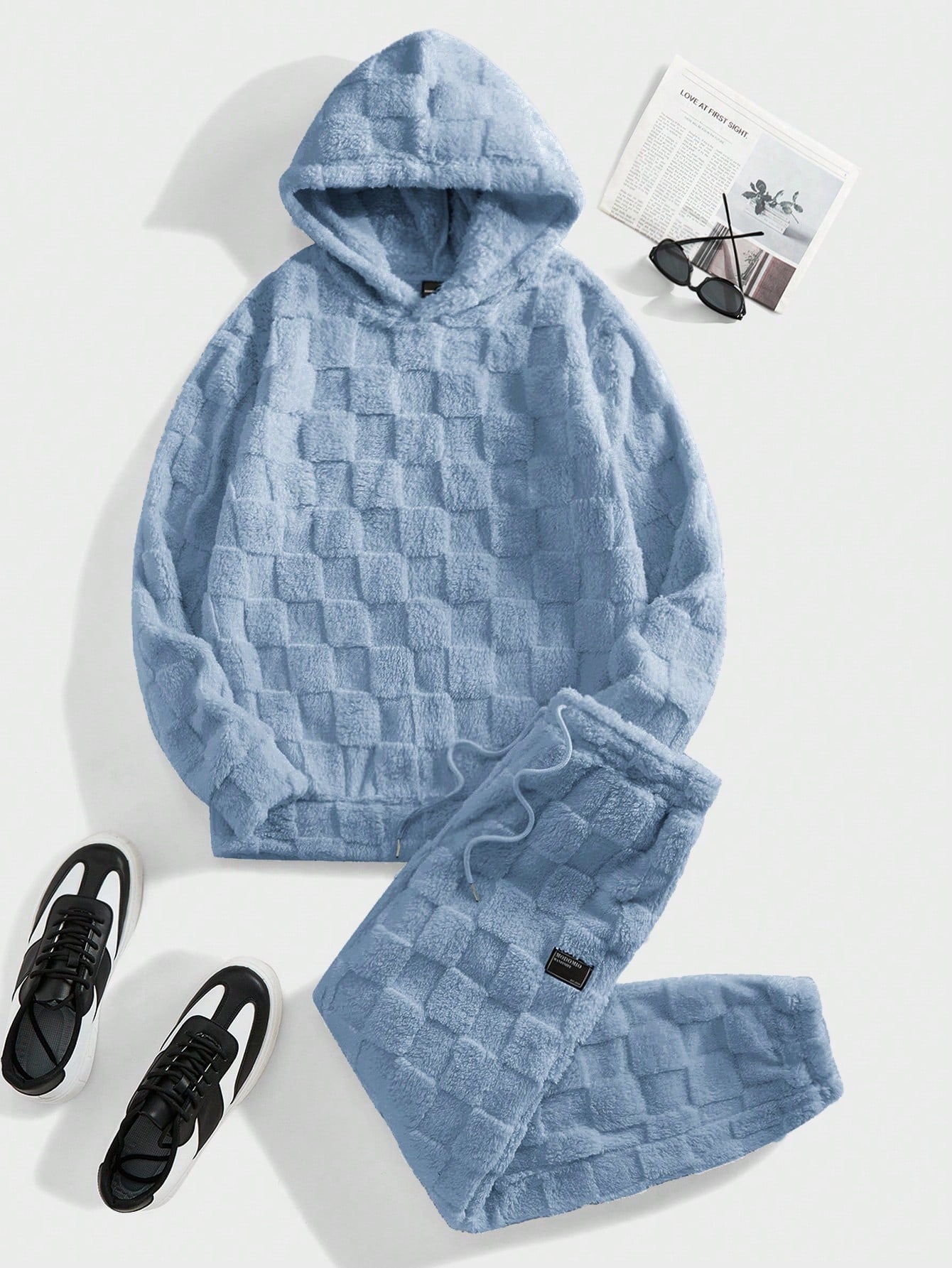 Conjunto Masculino Peluciado Com Capuz E Textura Quadriculada Azul / PP Conjunto Masculino Peluciado Com Capuz E