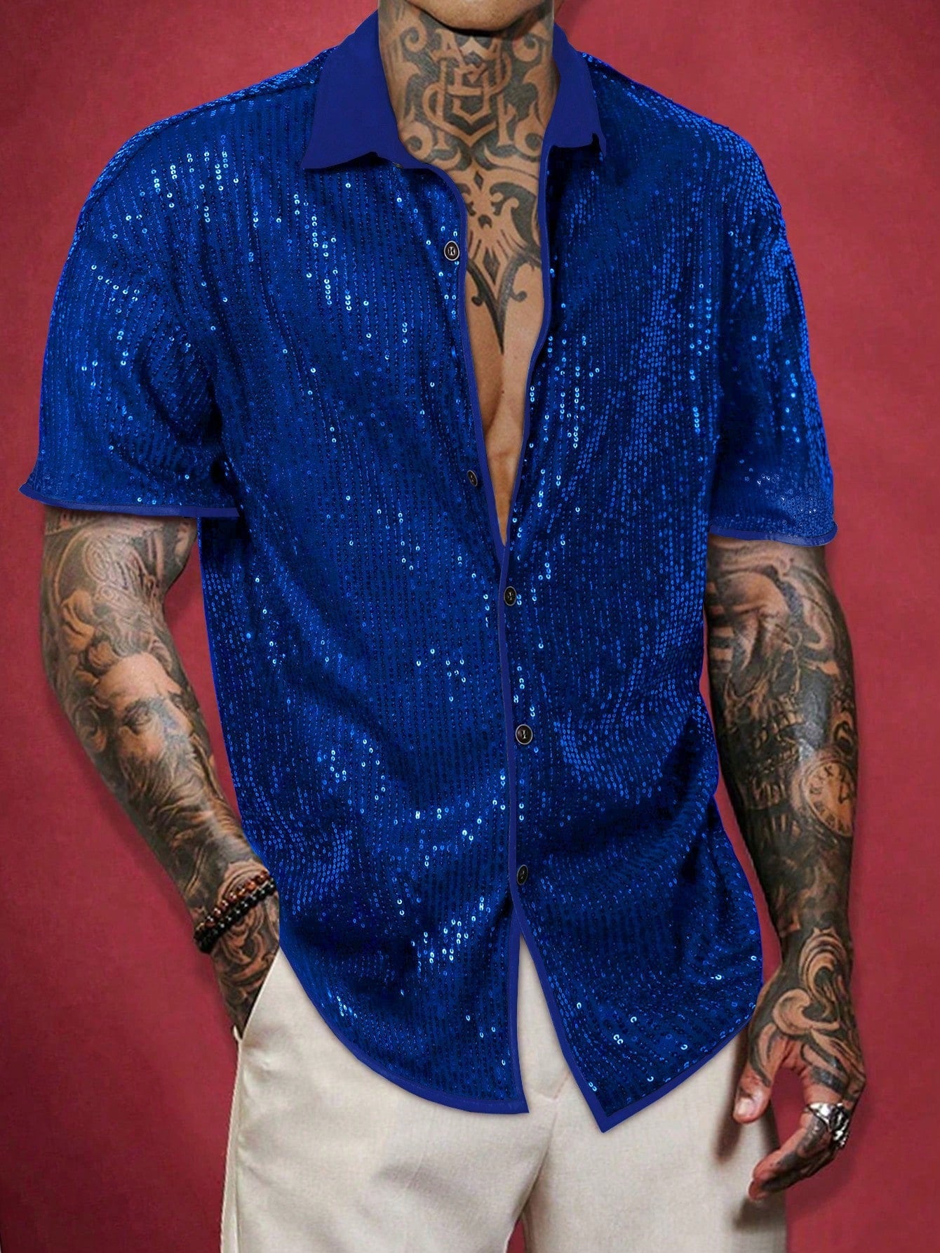 Camisa Masculina De Botão Brilho Intenso Visual Festivo Azul Marinho / PP Camisa Masculina De Botão Brilho Intenso