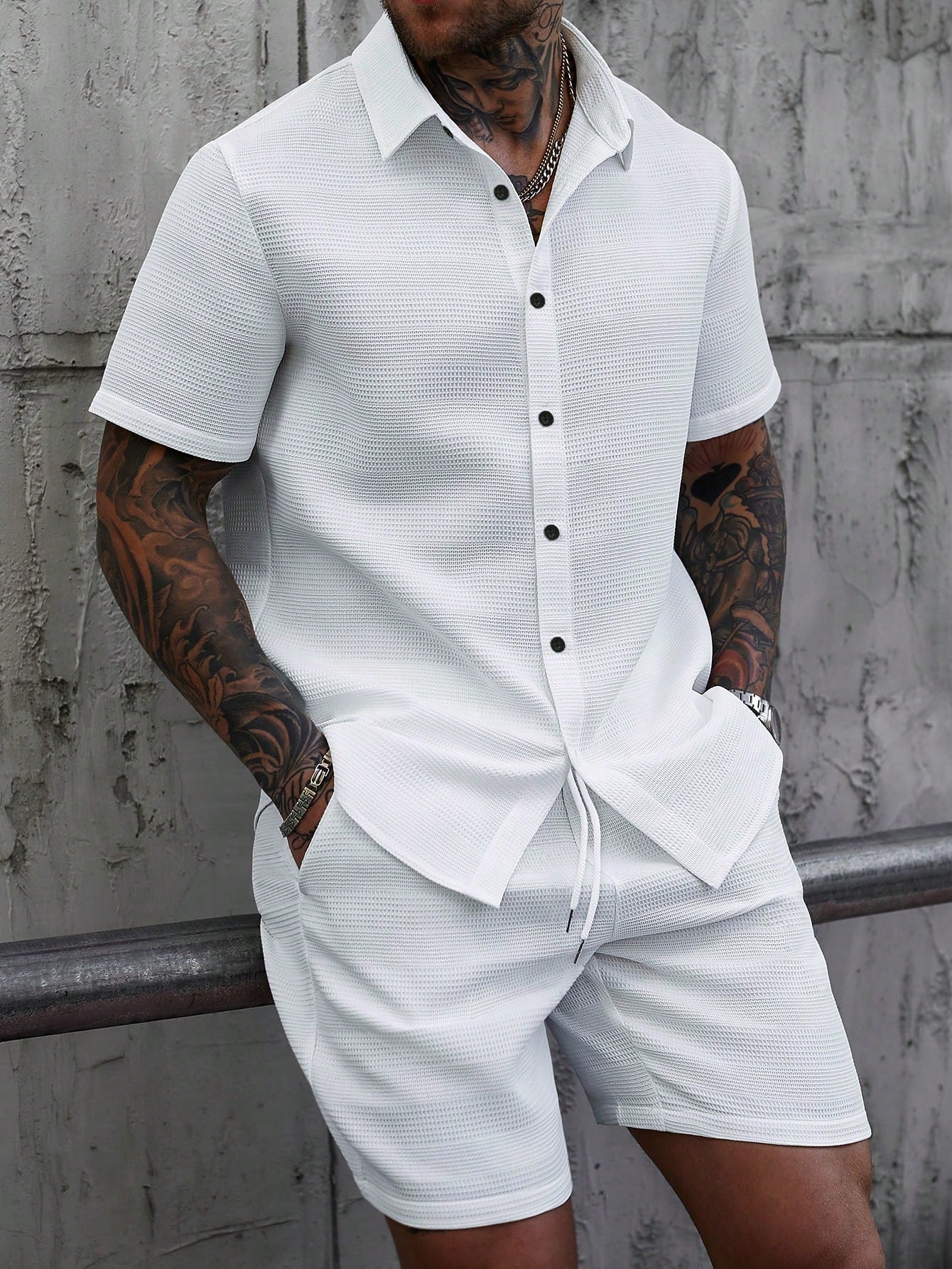 Conjunto Masculino Camisa Botões Simples E Shorts Estilo Casual Branco / PP Conjunto Masculino Camisa Botões Simples E