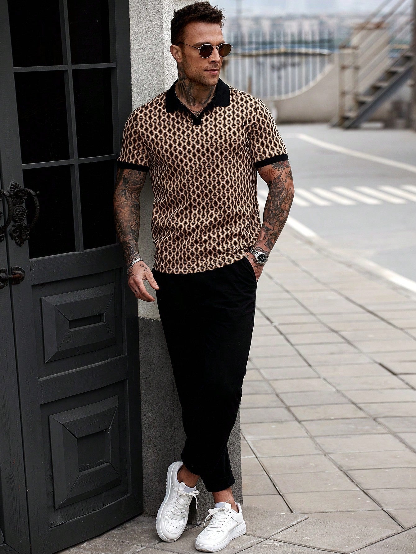 Camisa Polo Masculina Tecido Jacquard Estampa Geométrica Camisa Polo Masculina Tecido Jacquard Estampa Geométrica