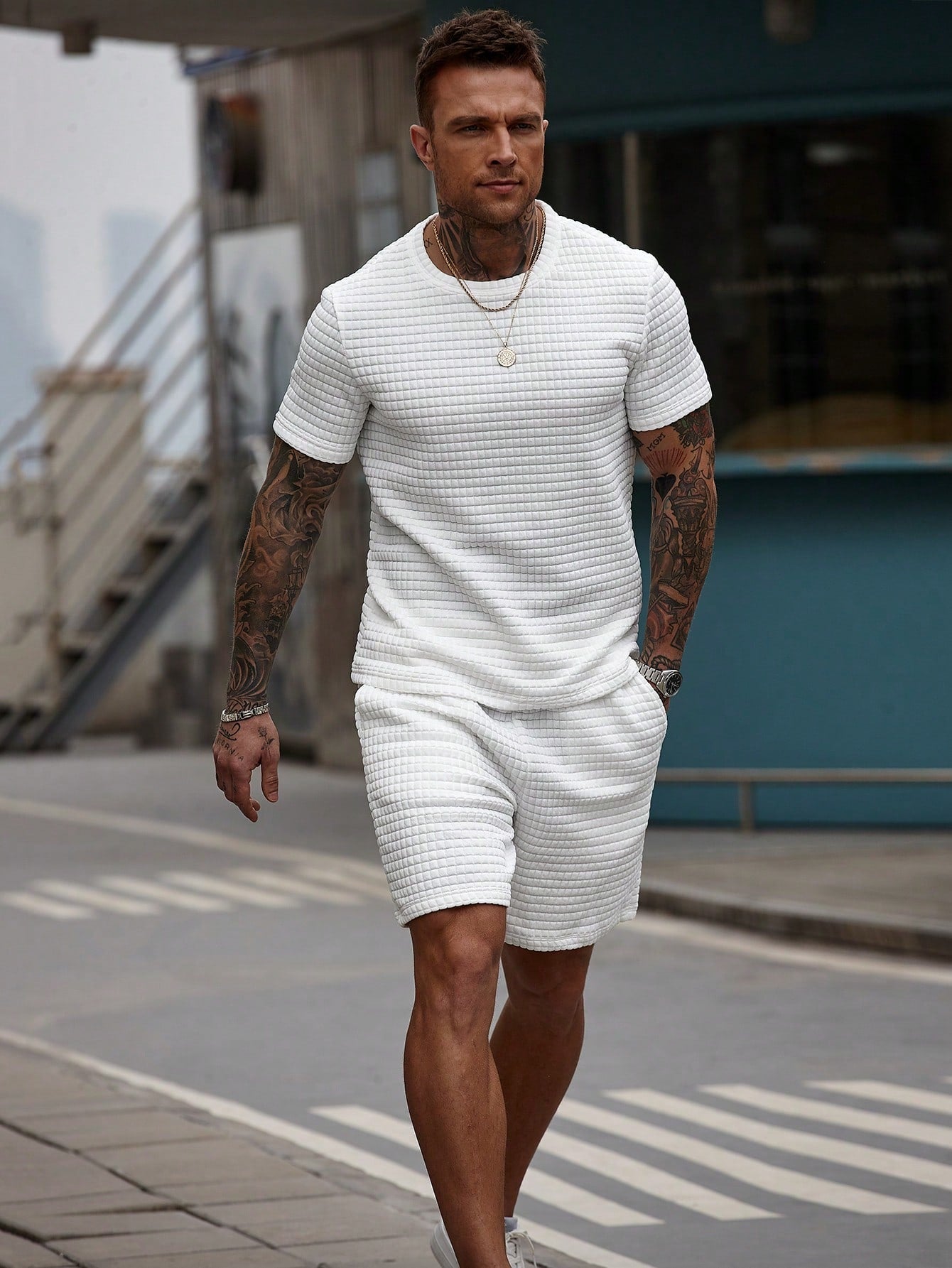 Conjunto Masculino Camiseta Texturizada Com Estampa Xadrez E Shorts Branco / PP Conjunto Masculino Camiseta Texturizada