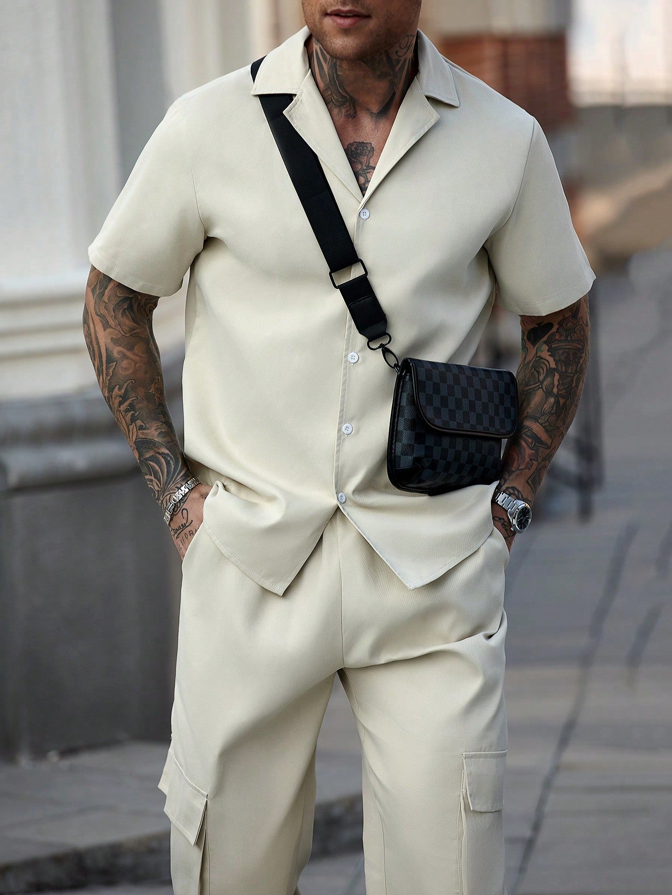 Conjunto Masculino Camisa Manga Curta E Calça Utilitária Com Bolsos Bege / PP Conjunto Masculino Camisa Manga Curta E