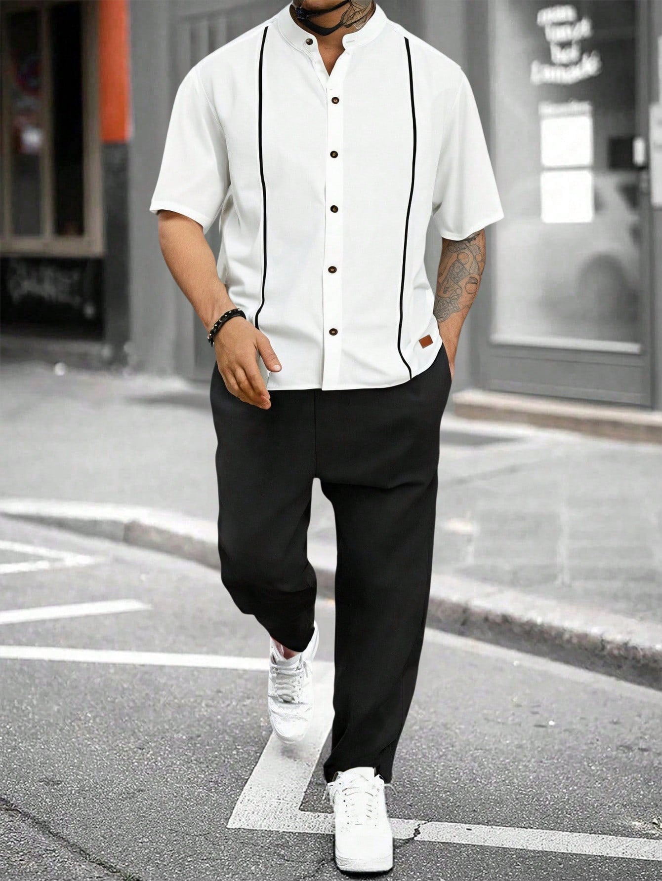 Conjunto Masculino Camisa Manga Curta E Calça Casual Versátil Preto / PP Conjunto Masculino Camisa Manga Curta E Calça