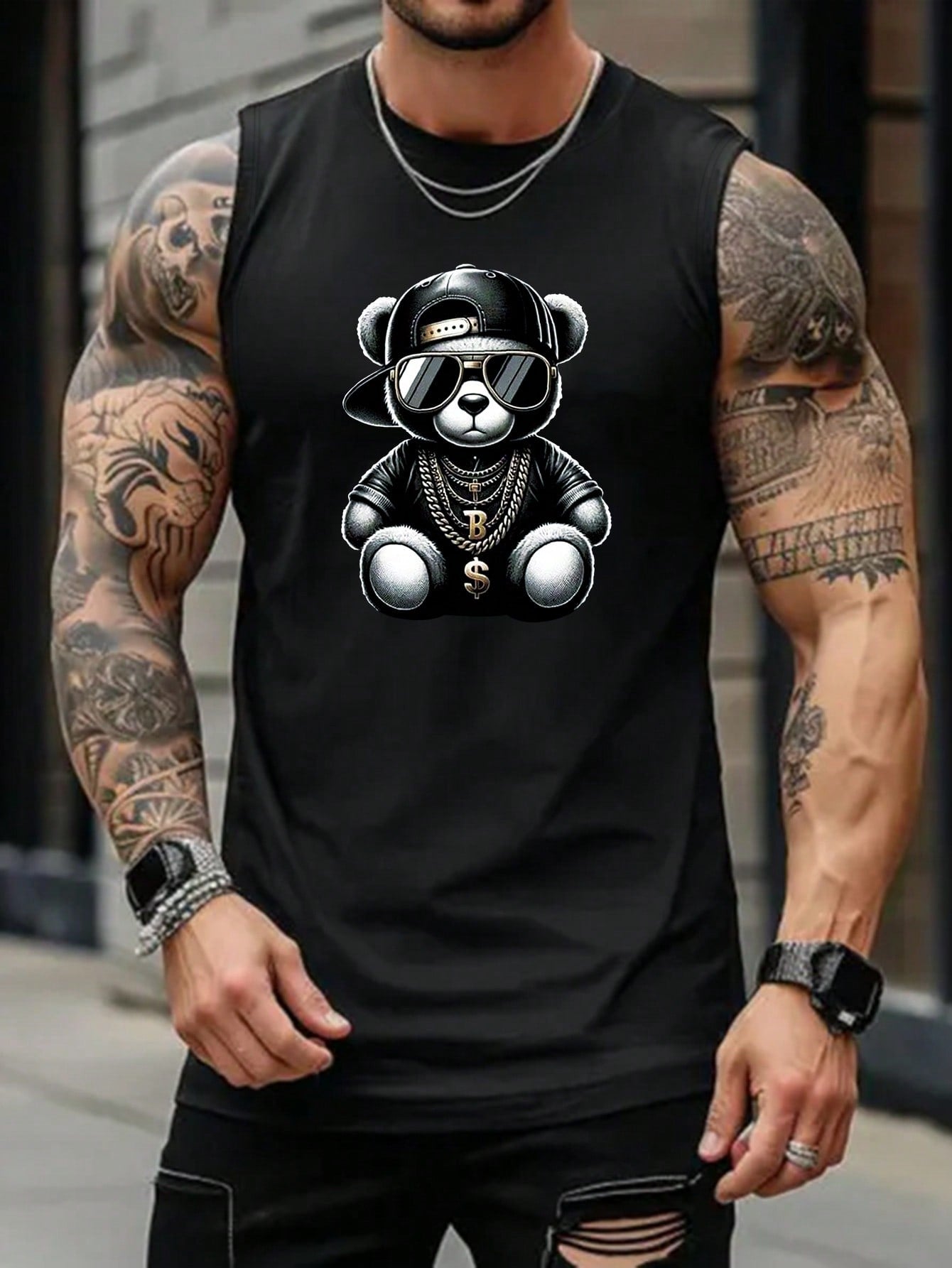 Camiseta Regata Masculina Estampa De Urso Gola Redonda Preto / PP Camiseta Regata Masculina Estampa De Urso Gola Redonda
