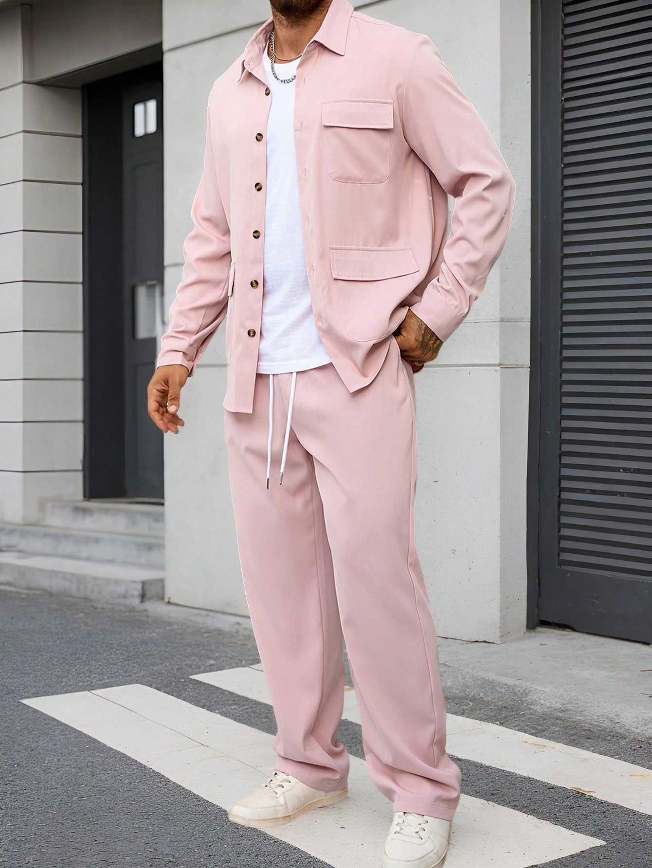 Conjunto Masculino Camisa Com Bolsos E Calça Moderna Casual Rosa / PP Conjunto Masculino Camisa Com Bolsos E Calça