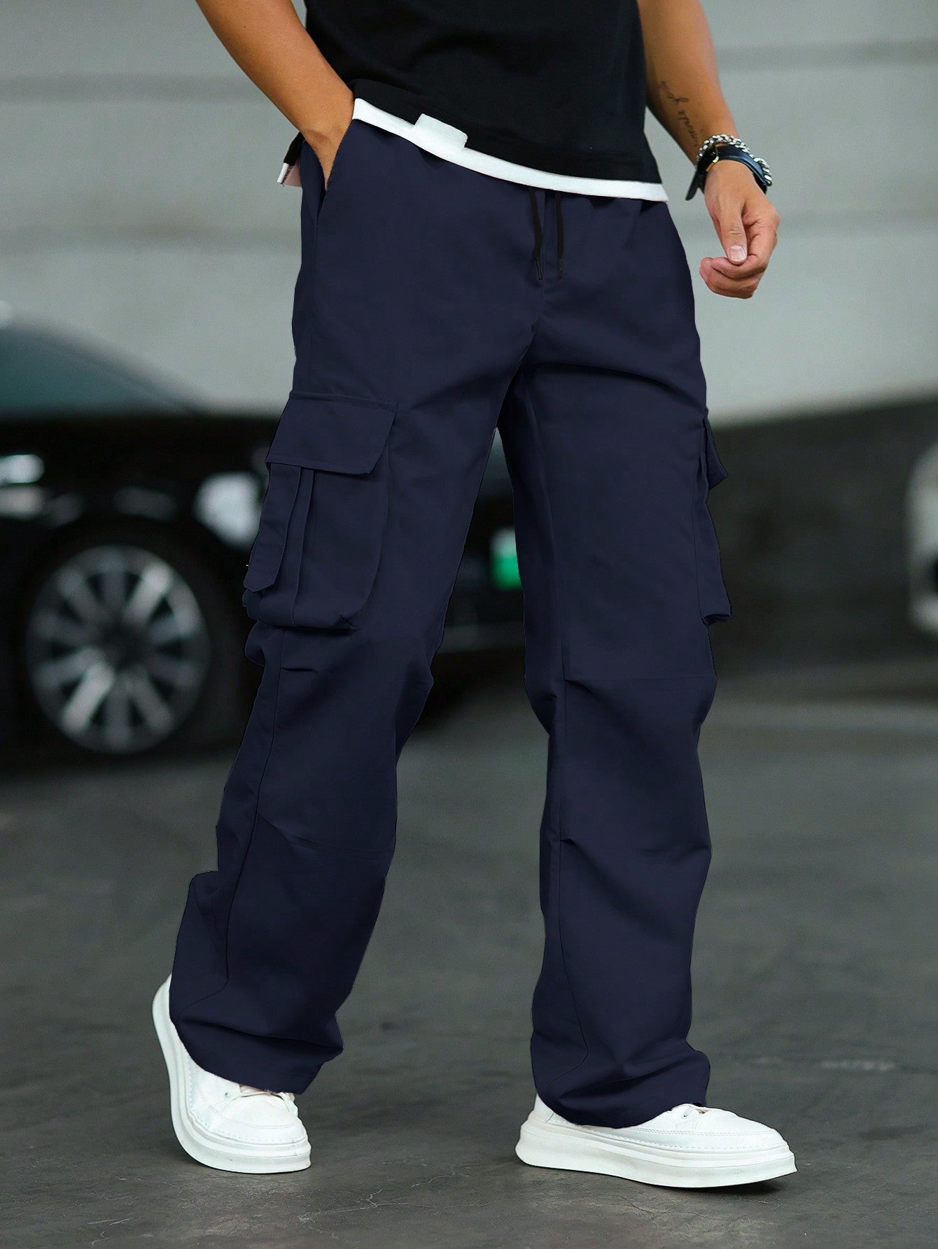 Calça Masculina Cargo Casual Múltiplos Bolsos E Corte Confortável Azul Marinho / PP Calça Masculina Cargo Casual