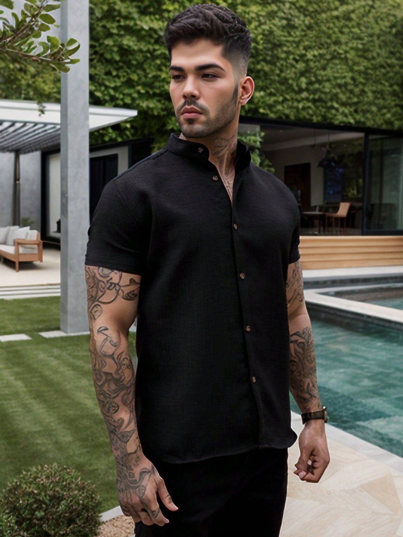 Camisa Masculina Gola Padre Slim Caimento Impecável Camisa Masculina Gola Padre Slim Caimento Impecável