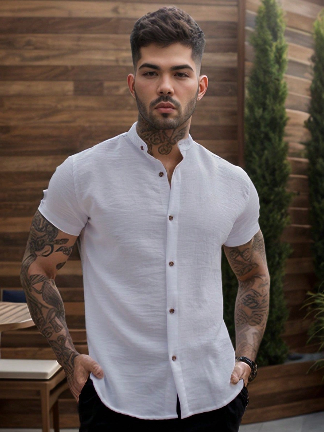 Camisa Masculina Gola Padre Slim Caimento Impecável Branco / PP Camisa Masculina Gola Padre Slim Caimento Impecável