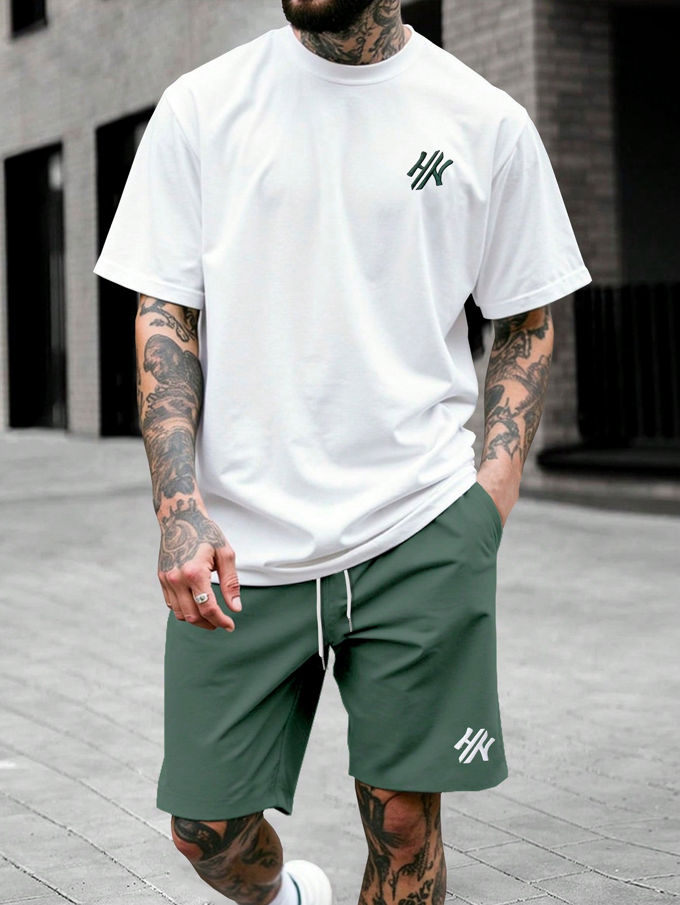 Conjunto Masculino Camiseta Estampada Manga Curta E Shorts Casuais Branco / PP Conjunto Masculino Camiseta Estampada