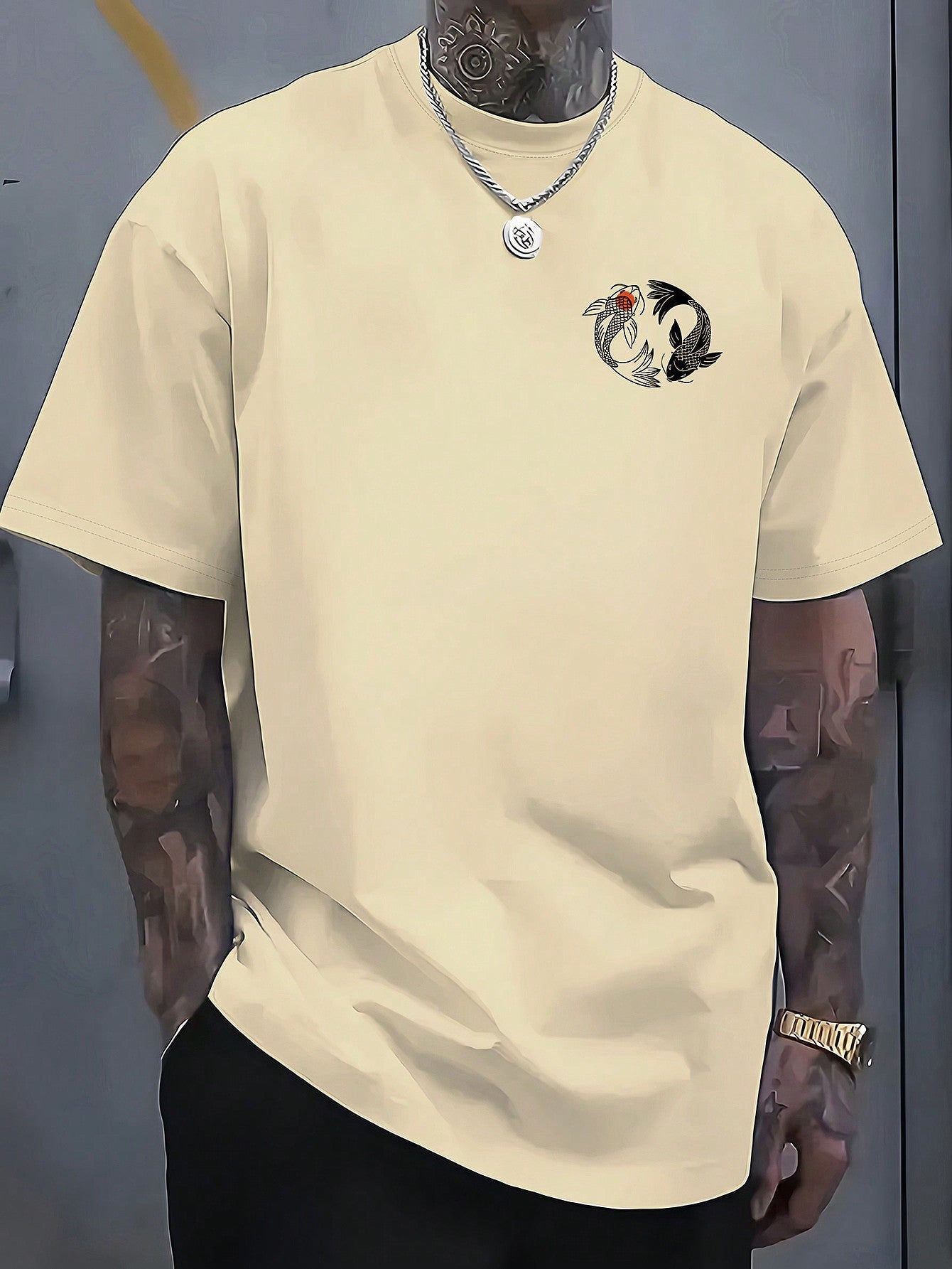 Camiseta Masculina Estampa Peixes Koi Escrita Japonesa Camiseta Masculina Estampa Peixes Koi Escrita Japonesa