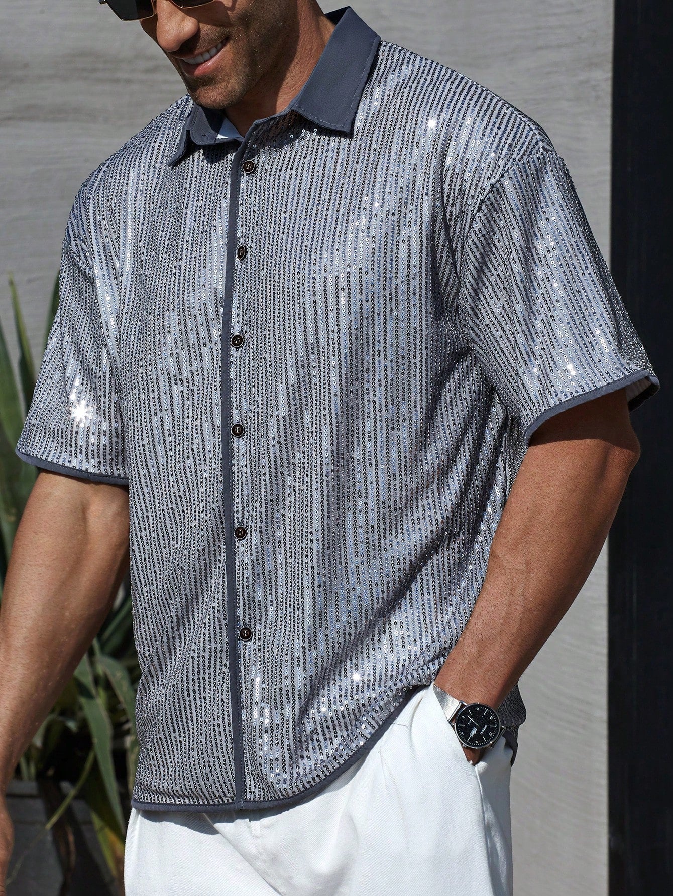 Camisa Masculina De Botão Brilho Intenso Visual Festivo Cinza / PP Camisa Masculina De Botão Brilho Intenso Visual