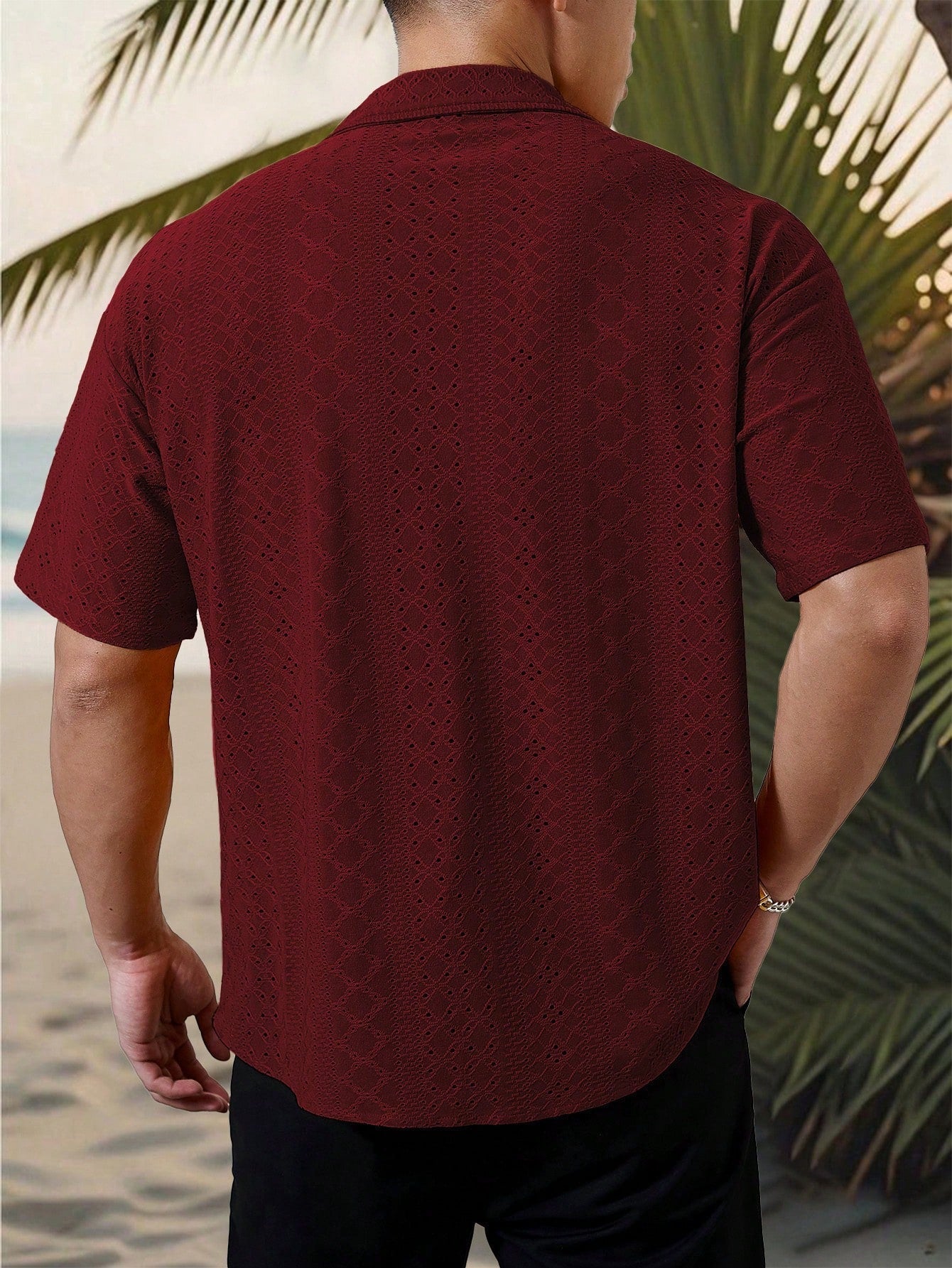 Camisa Masculina De Botão Tecido Vazado Estilo Tropical Camisa Masculina De Botão Tecido Vazado Estilo Tropical