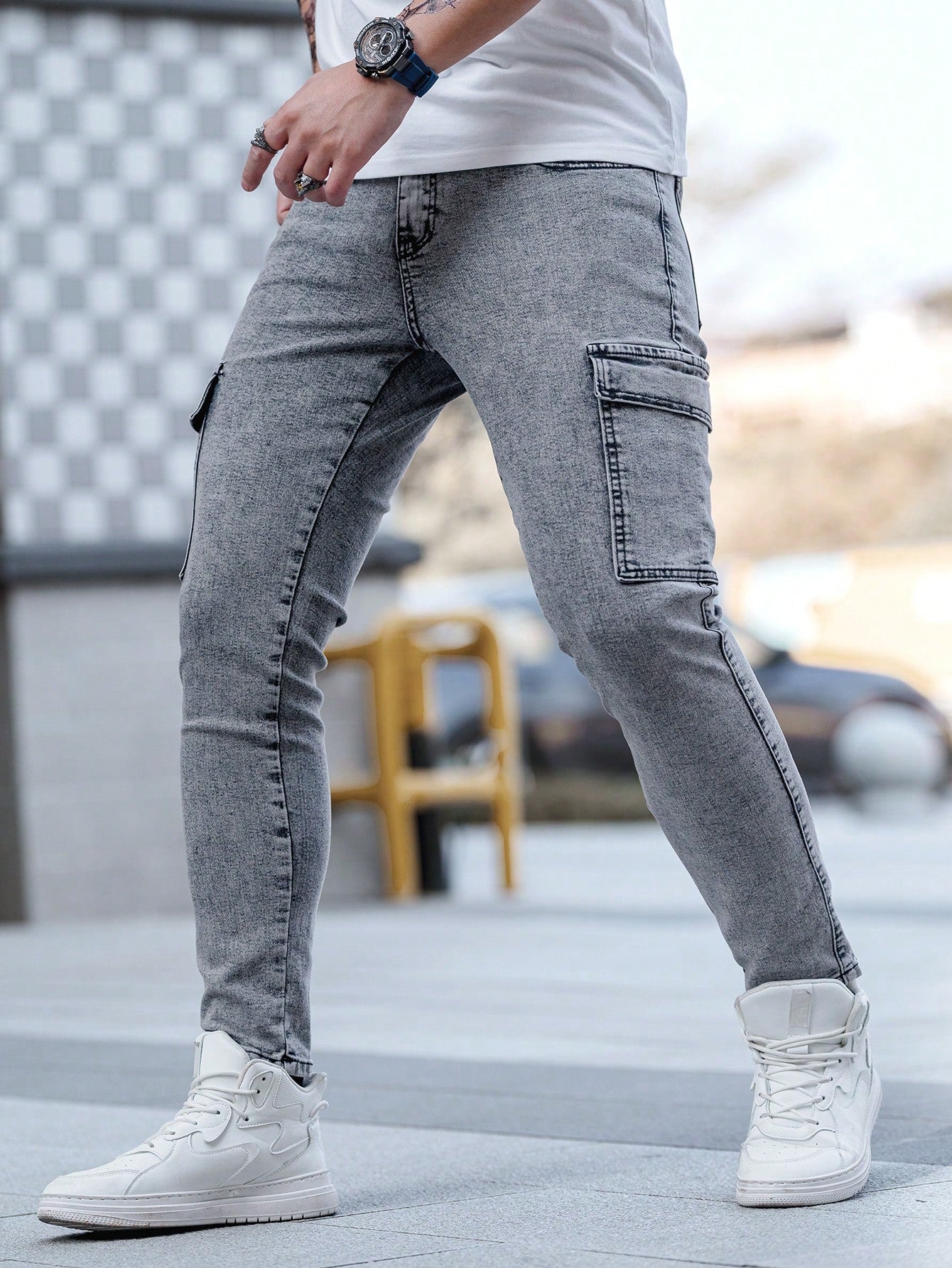 Calça Masculina Cargo Com Zíper Estiloso E Comprimento Longo Cinza / PP Calça Masculina Cargo Com Zíper Estiloso E
