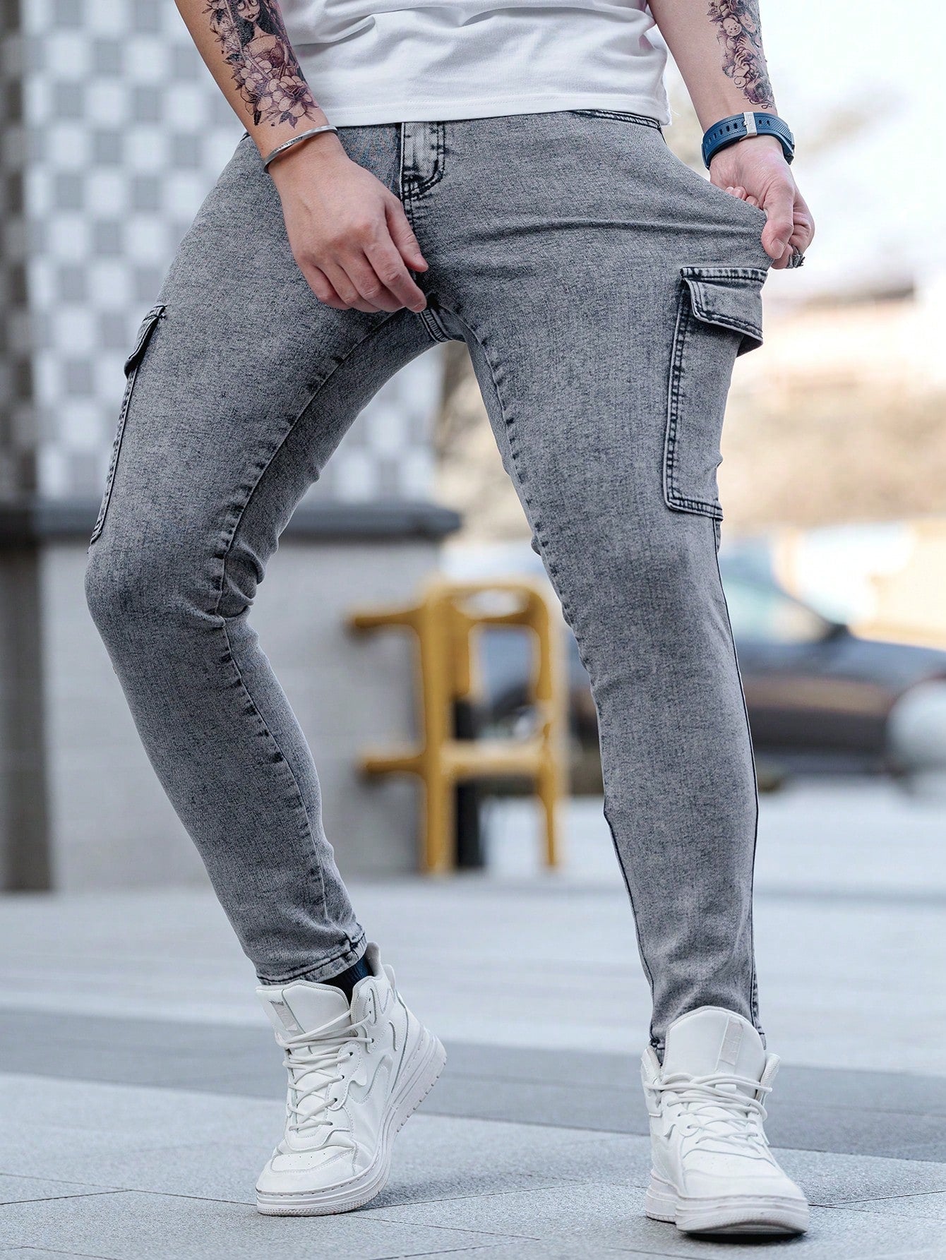 Calça Masculina Cargo Com Zíper Estiloso E Comprimento Longo Calça Masculina Cargo Com Zíper Estiloso E Comprimento