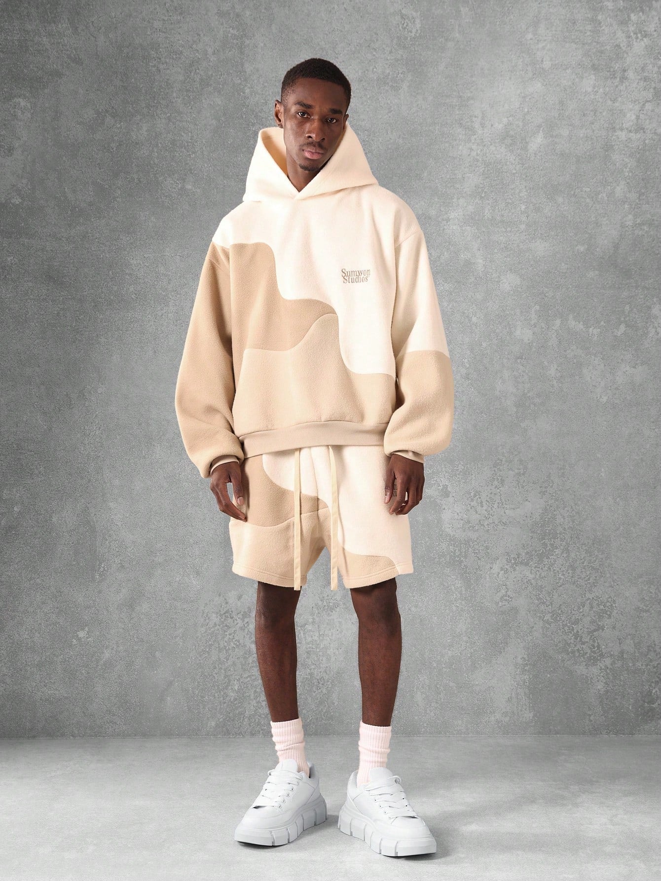 Conjunto Masculino Moletom Estampa Abstrata E Shorts Casuais Bege / PP Conjunto Masculino Moletom Estampa Abstrata E