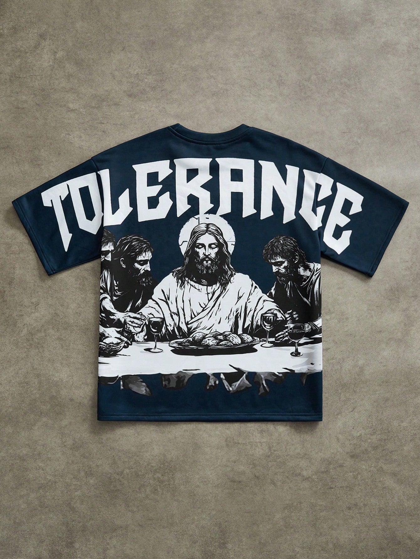 Camiseta Masculina Oversized Estampa Tolerance Religiosa Azul Marinho / PP Camiseta Masculina Oversized Estampa