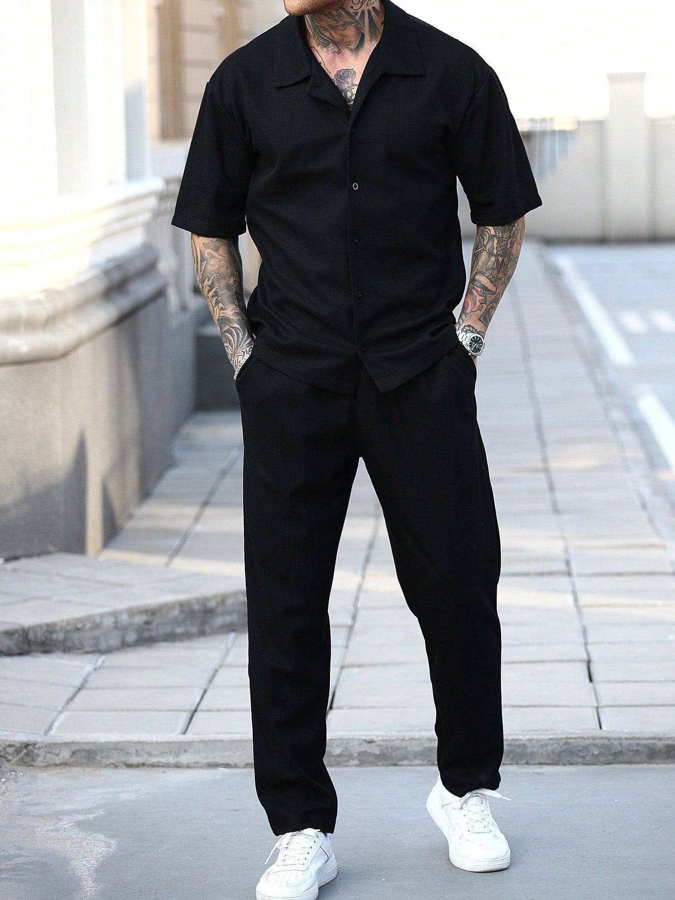 Conjunto Masculino Camisa Gola Cubana E Calça Leve Elegante Preto / PP Conjunto Masculino Camisa Gola Cubana E Calça