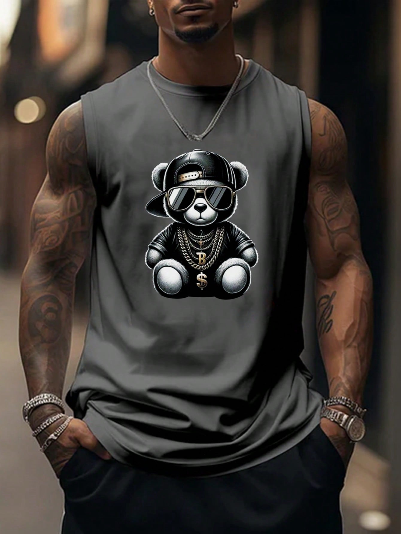 Camiseta Regata Masculina Estampa De Urso Gola Redonda Chumbo / PP Camiseta Regata Masculina Estampa De Urso Gola