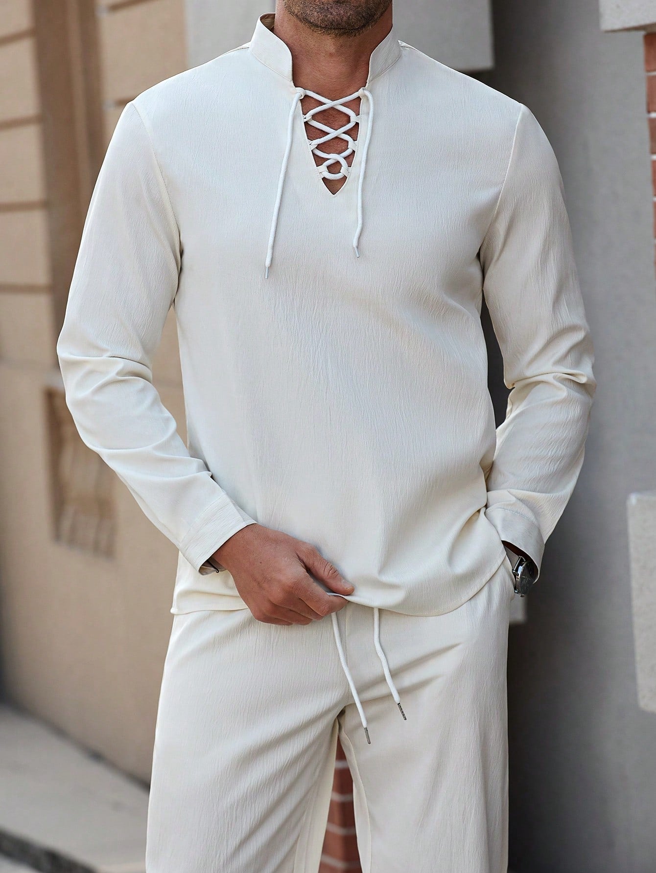 Conjunto Masculino Camisa Manga Longa Com Amarração E Calça Casual Conjunto Masculino Camisa Manga Longa Com Amarração