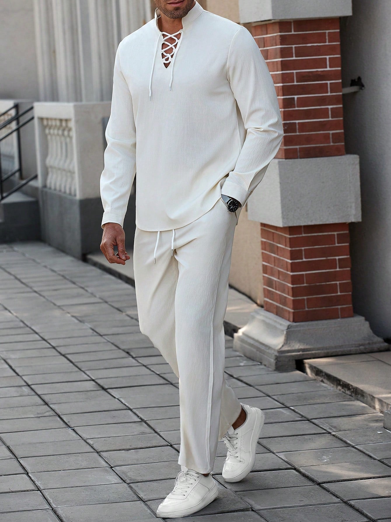 Conjunto Masculino Camisa Manga Longa Com Amarração E Calça Casual Conjunto Masculino Camisa Manga Longa Com Amarração