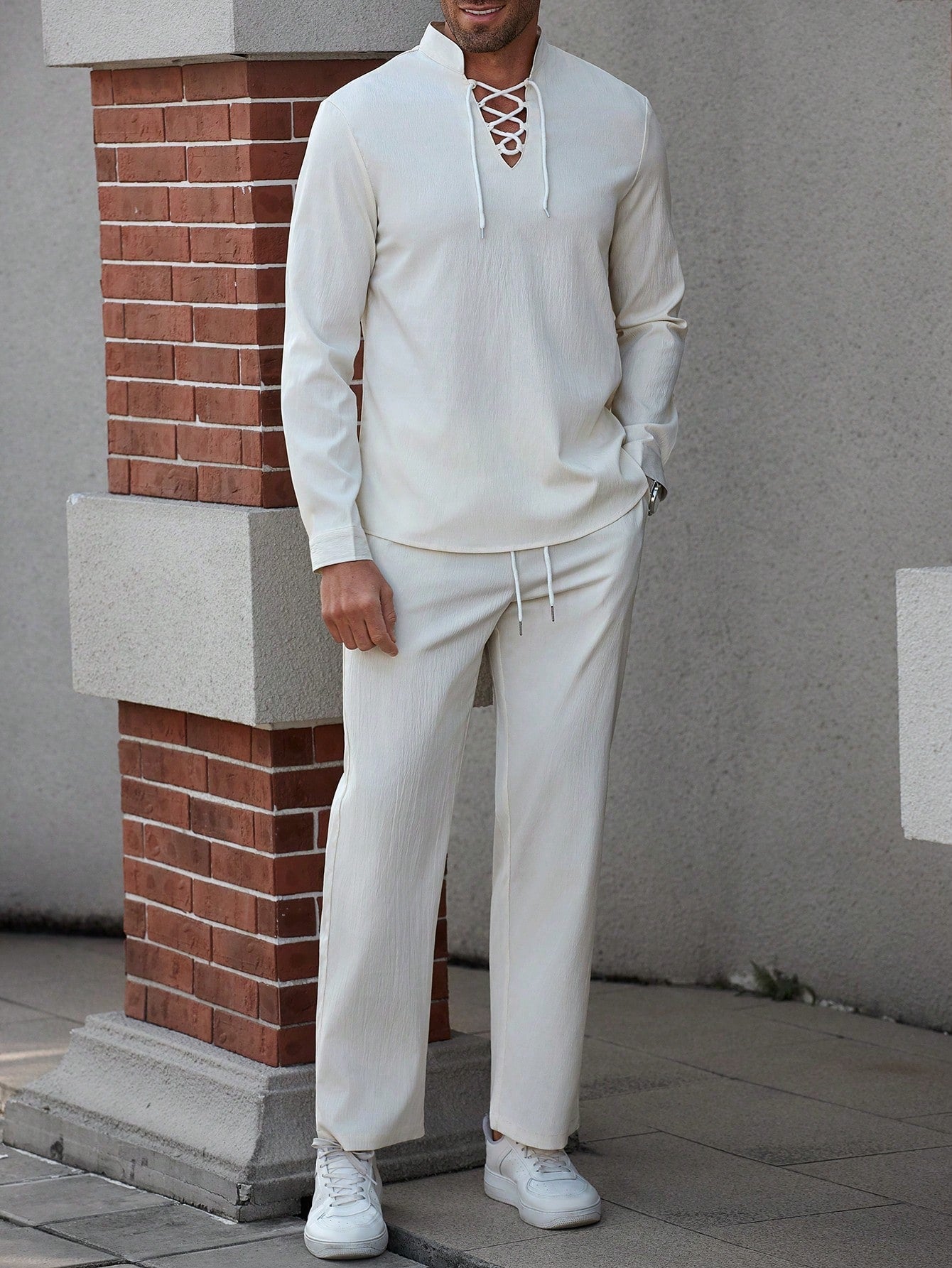 Conjunto Masculino Camisa Manga Longa Com Amarração E Calça Casual Branco / PP Conjunto Masculino Camisa Manga Longa