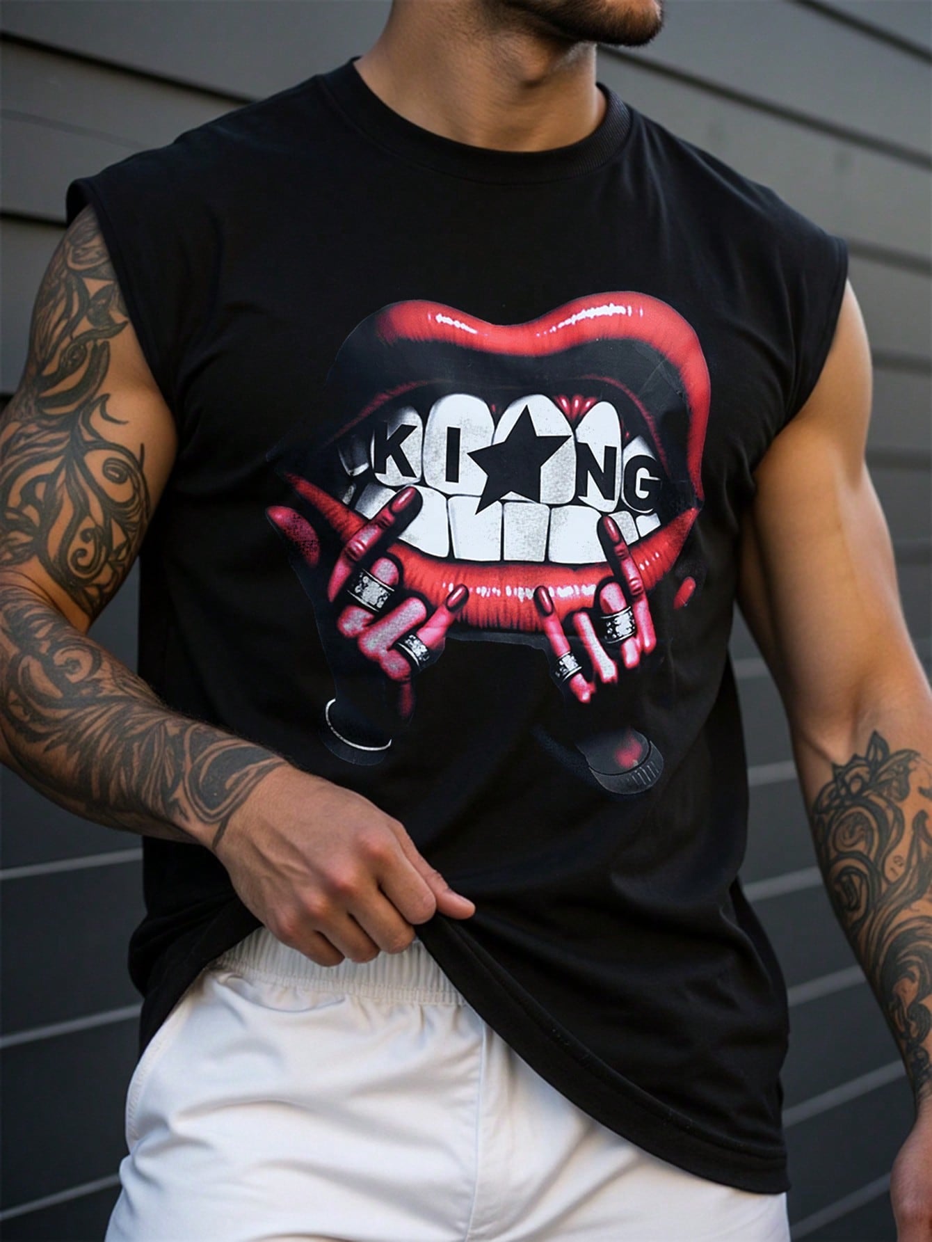 Camiseta Regata Masculina Casual Estampa De Lábios Gestos Preto / PP Camiseta Regata Masculina Casual Estampa De Lábios