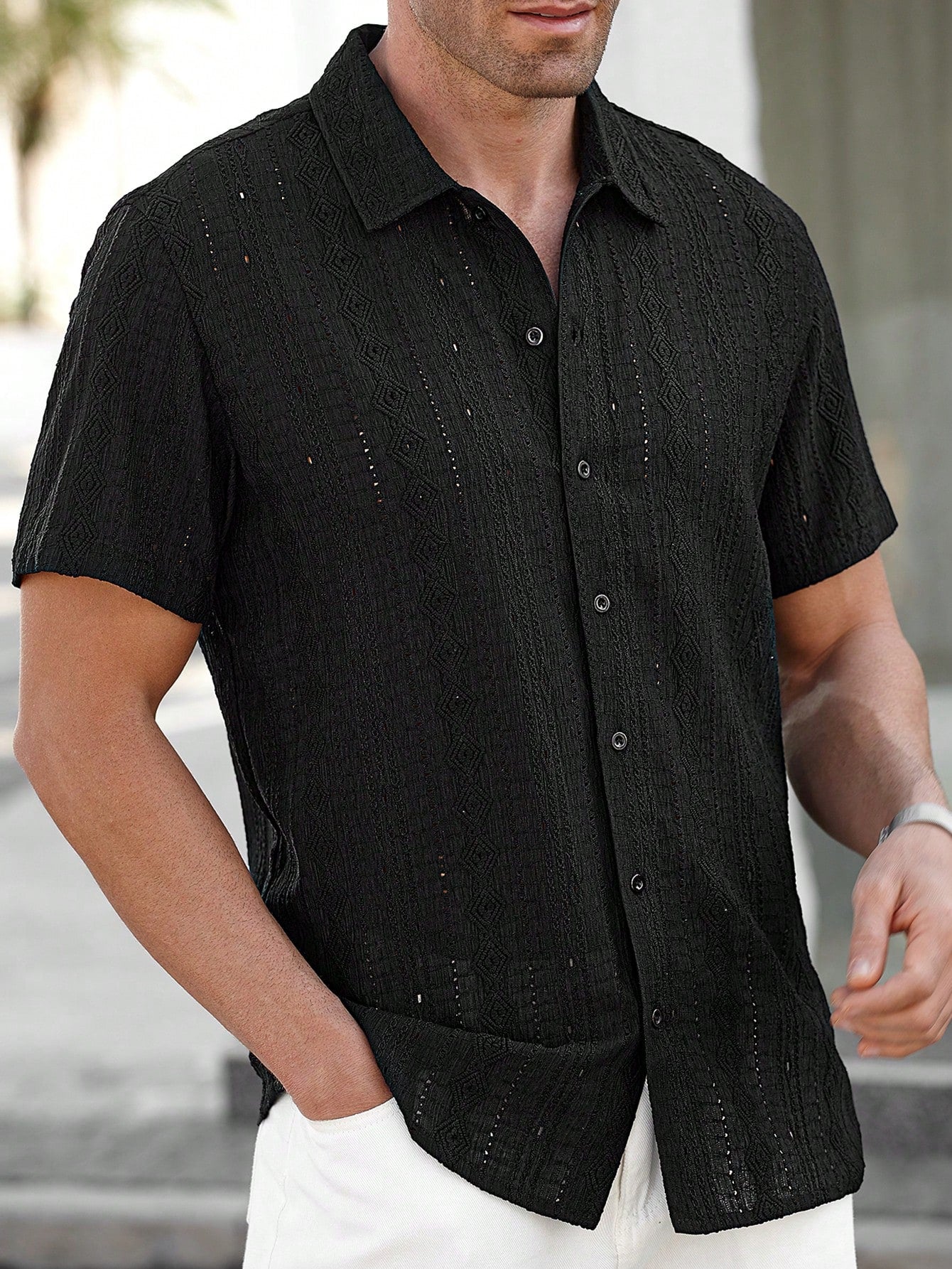 Camisa Masculina De Botão Textura Vazada Caimento Moderno Camisa Masculina De Botão Textura Vazada Caimento Moderno