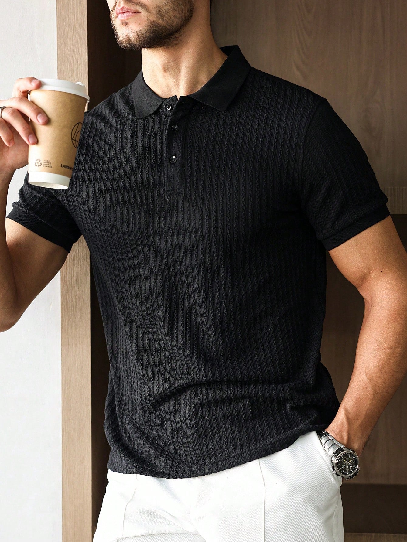 Camisa Polo Masculina Casual Textura Diferenciada Manga Curta Preto / PP Camisa Polo Masculina Casual Textura