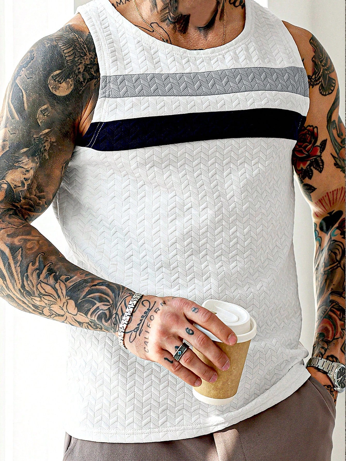 Camiseta Regata Masculina Casual Listras Horizontais Textura Camiseta Regata Masculina Casual Listras Horizontais