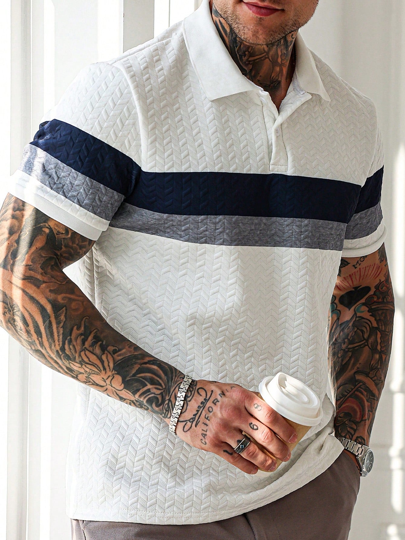 Camisa Polo Masculina Texturizada Listras Elegantes Branco / PP Camisa Polo Masculina Texturizada Listras Elegantes