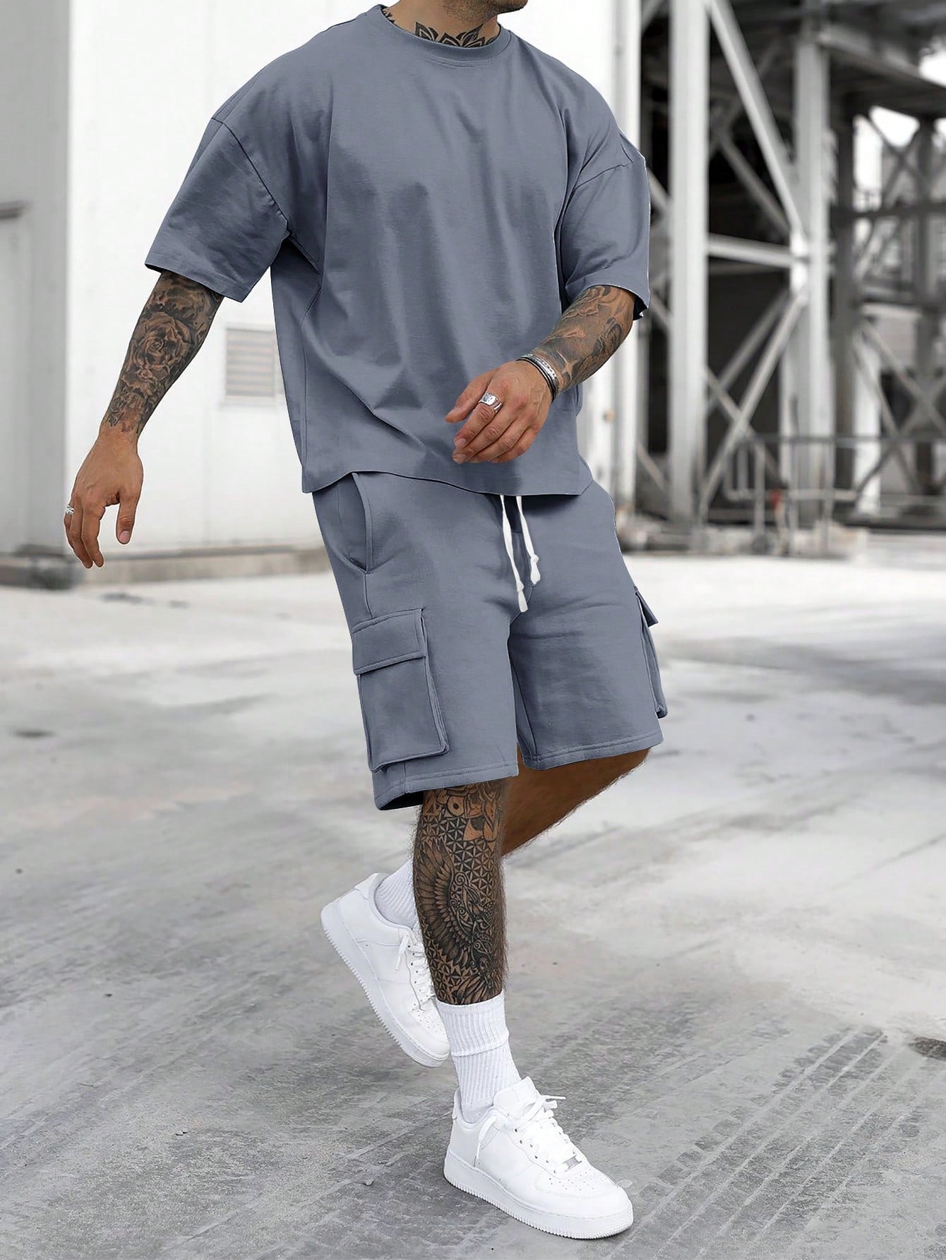 Conjunto Masculino Camiseta Ombro Caído E Shorts Estilo Solto Azul Petróleo / PP Conjunto Masculino Camiseta Ombro