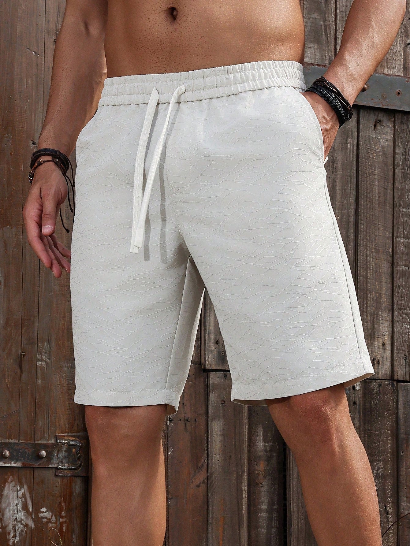 Shorts Masculino Casual Com Textura Geométrica E Cós Ajustável Branco / PP Shorts Masculino Casual Com Textura