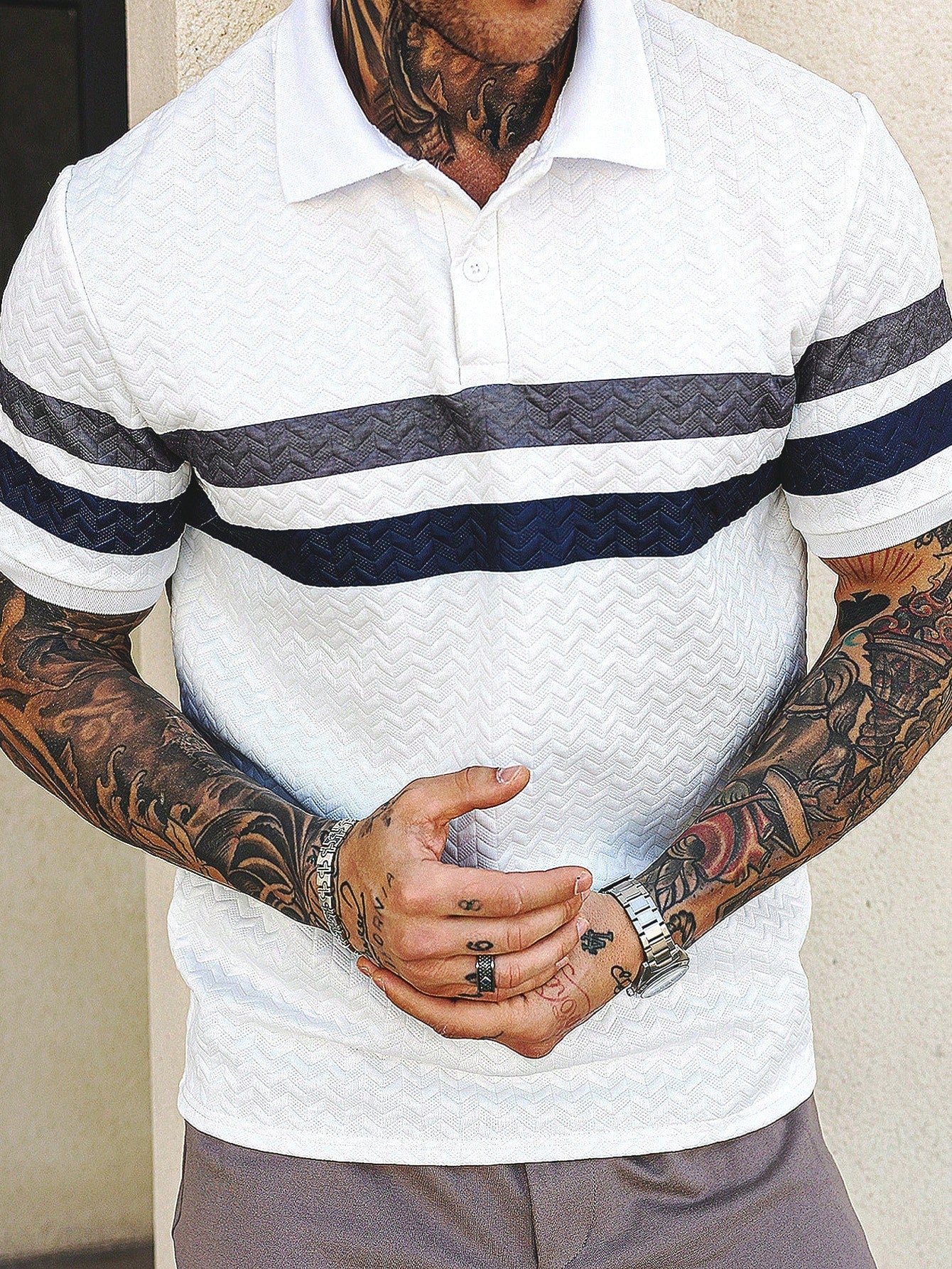 Camisa Polo Masculina Texturizada Listras Visual Atemporal Branco / PP Camisa Polo Masculina Texturizada Listras Visual